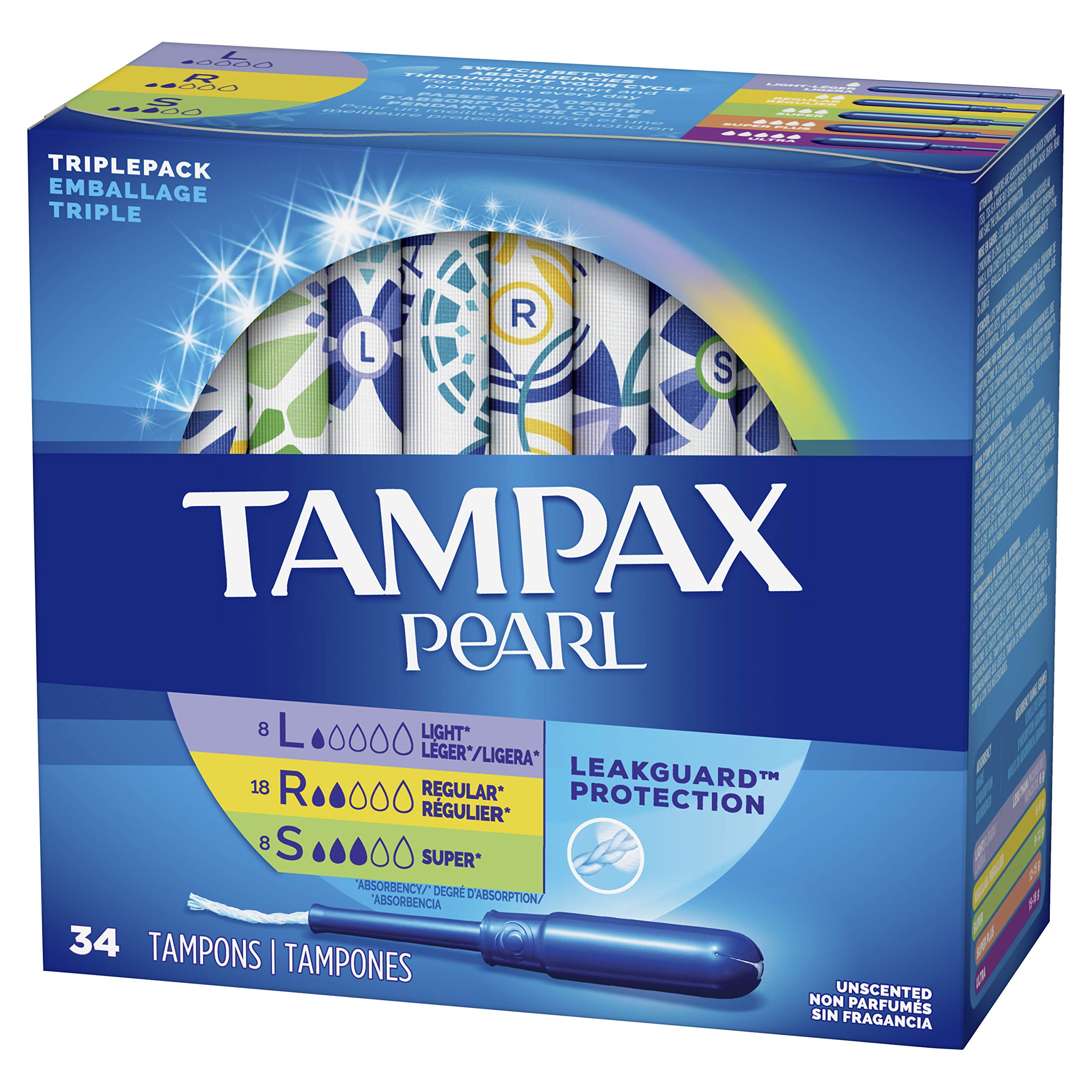 Tampax Pearl Triple Unscented Plastic Tampon Variety Pack, 34 Count