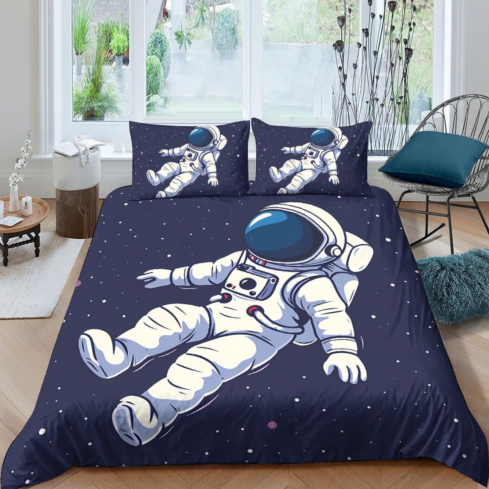 GPLZQXKJNH 3D Printed Astronaut Space Duvet Cover Microfiber Soft Navy Bedding Set with 2 Pillowcases for Bedroom Decor Single（135x200cm）