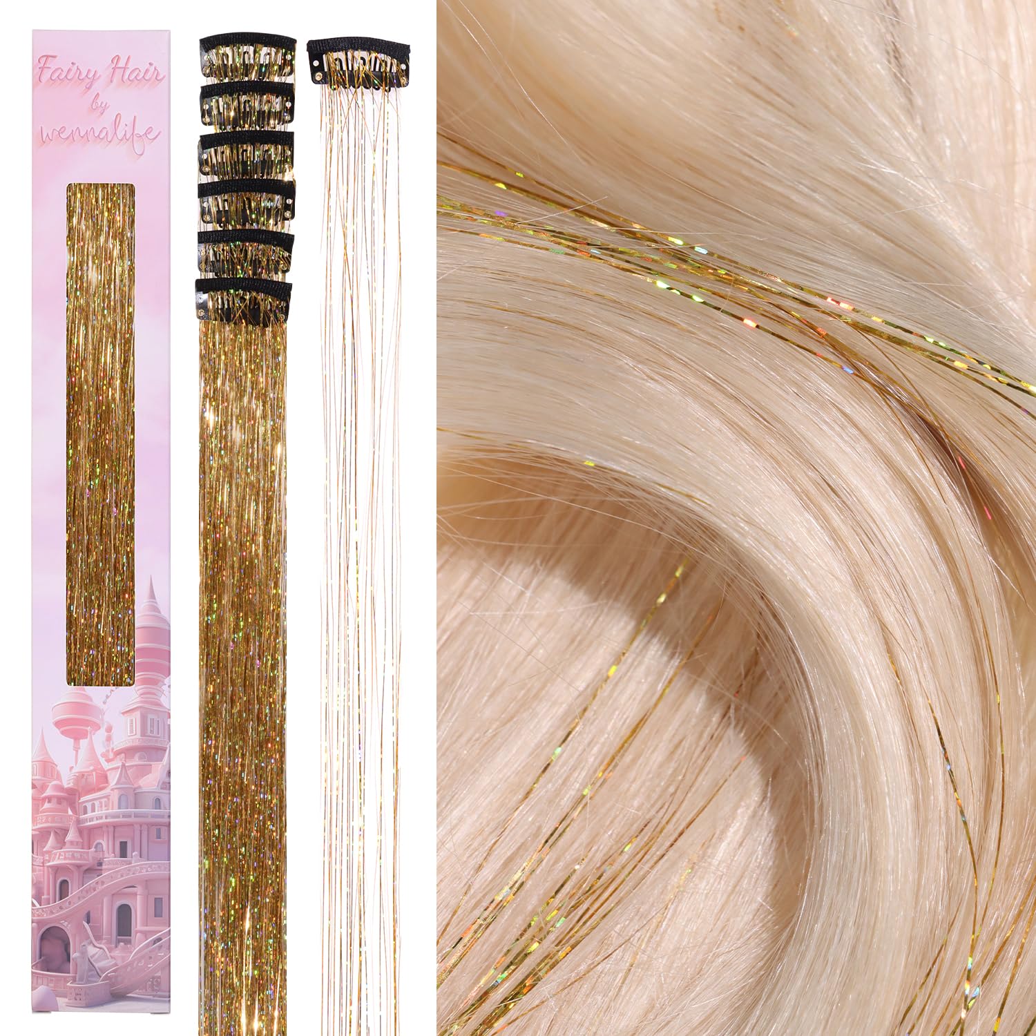 WENNALIFE Hair Tinsel Clip In, 6 Stück Champagner 60cm Haar Lametta Glitzer Haarsträhnen Kit Lametta für die Haare Glitzer Haare Festival Party Haar Glitzer Tinsel Hair Fairy Hair für Mädchen