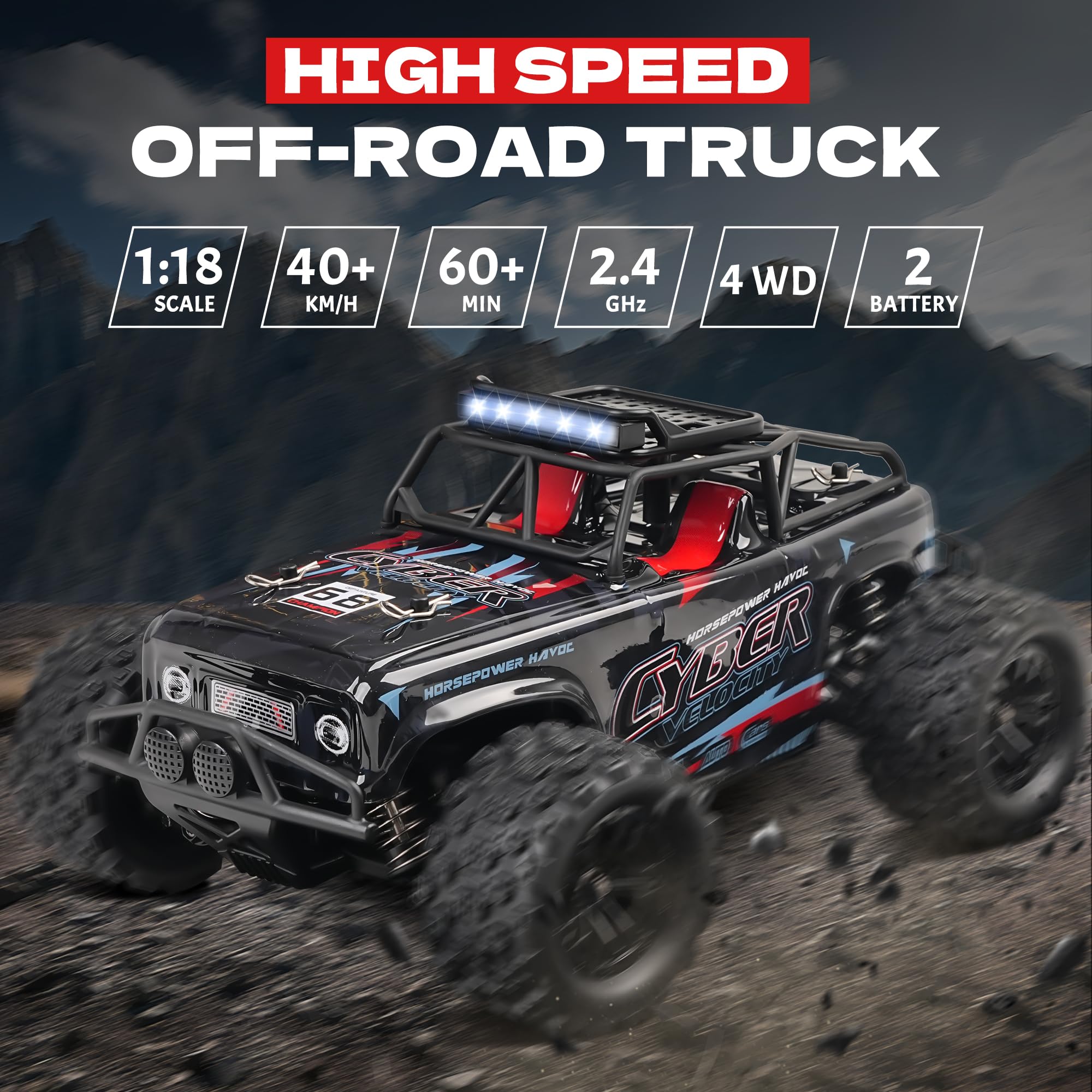 Coche Teledirigido - Coche Teledirigido A Escala 1:18 Alta Velocidad 40Km/H Todoterreno 4WD 2 BateríAs 2,4 GHz Recargable para Adultos Y NiñOs - Negro