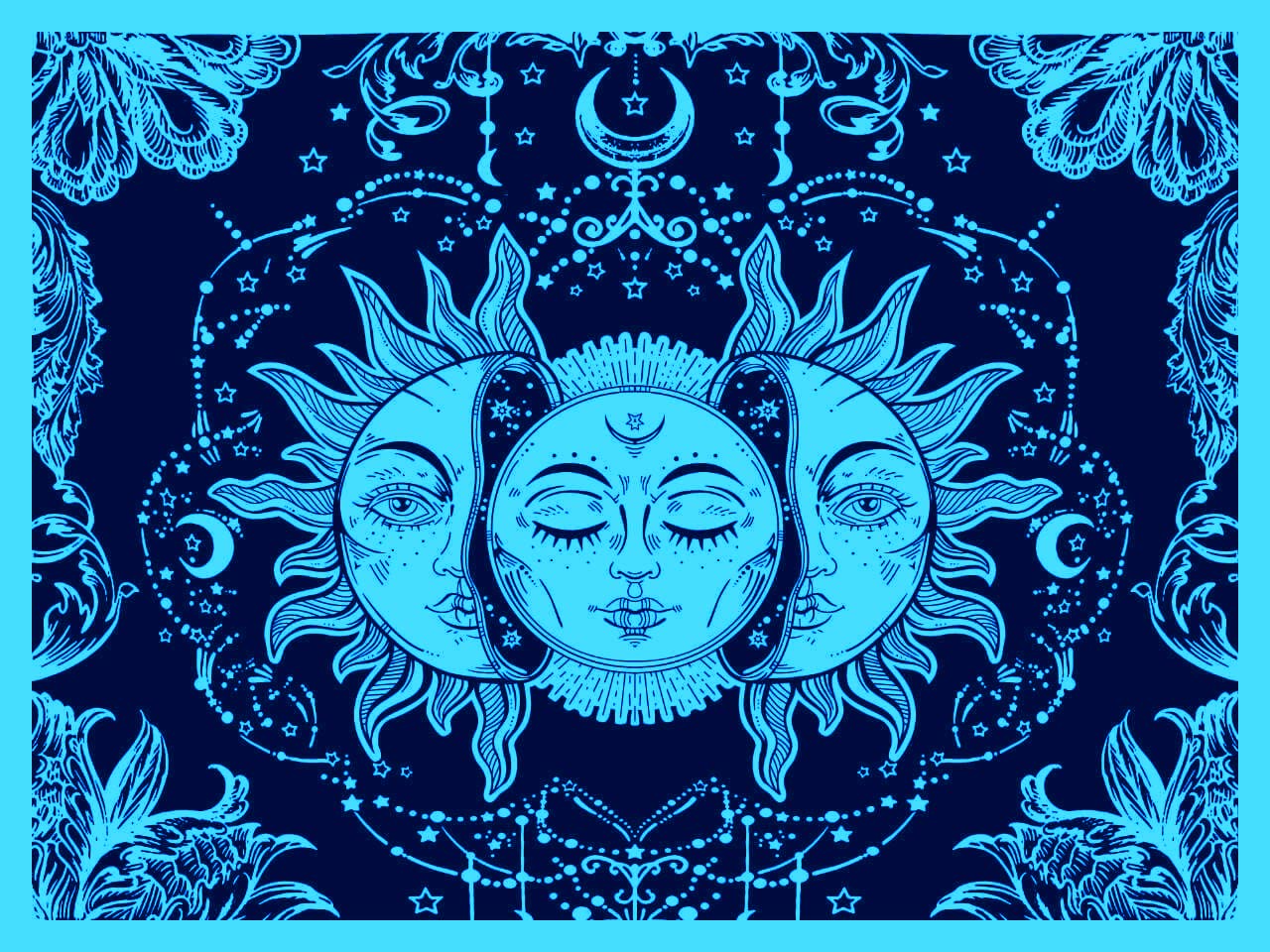 AVA Collections Tarot Tapestry Sun and Moon Psychedelic Tapestry Celestial Cotton Wall Hanging Wall Tapestries Indian Mandala Bohemian Hippy Poster Size 40x30 (Blue