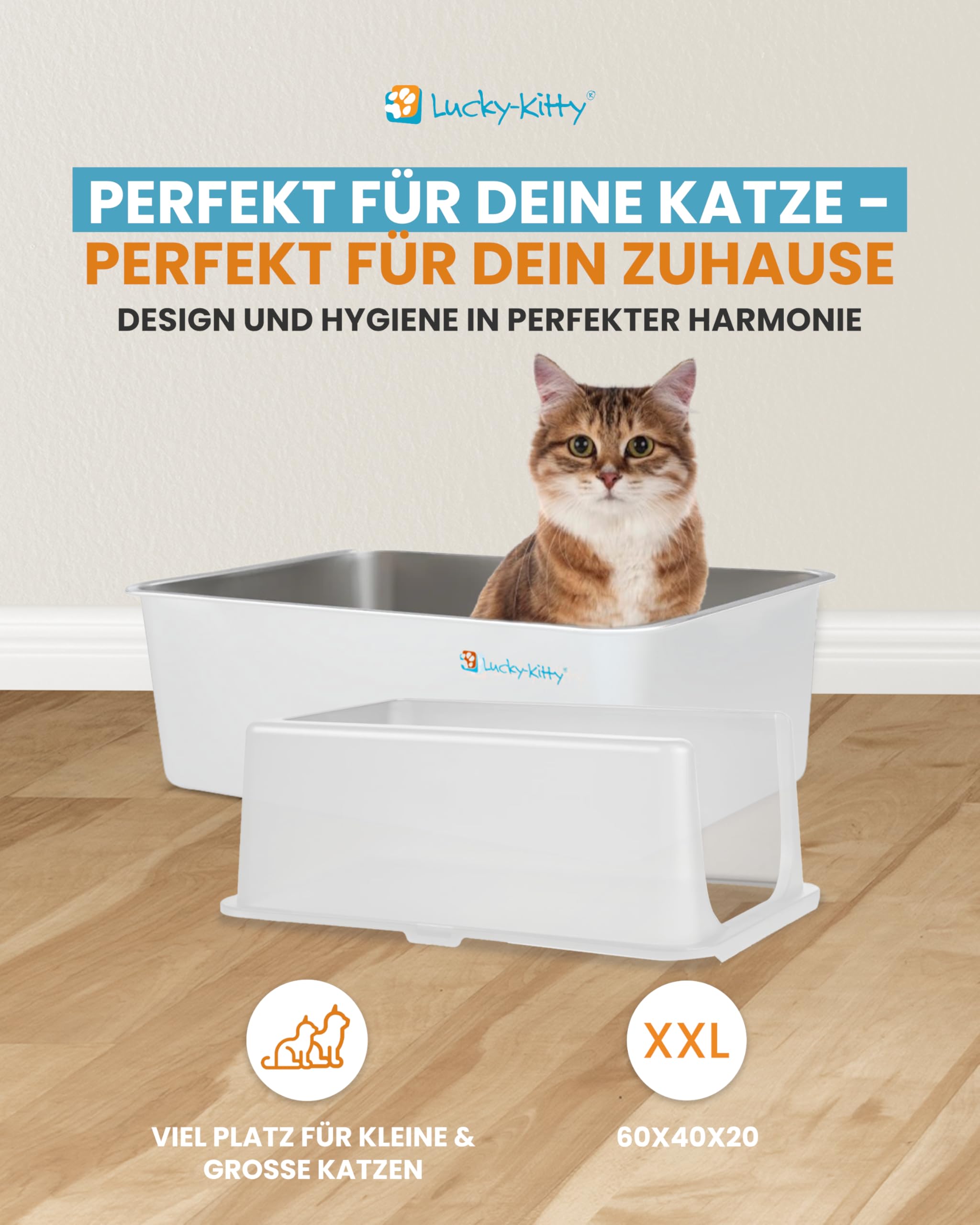 Lucky-Kitty Katzenklo Edelstahl XXL mit Deckel, Weiss, 60x40x40 cm | Mit Deckel, Exklusiver Schließmechanismus, Absolut auslaufsicher, Geruchsfrei & Hygienisch