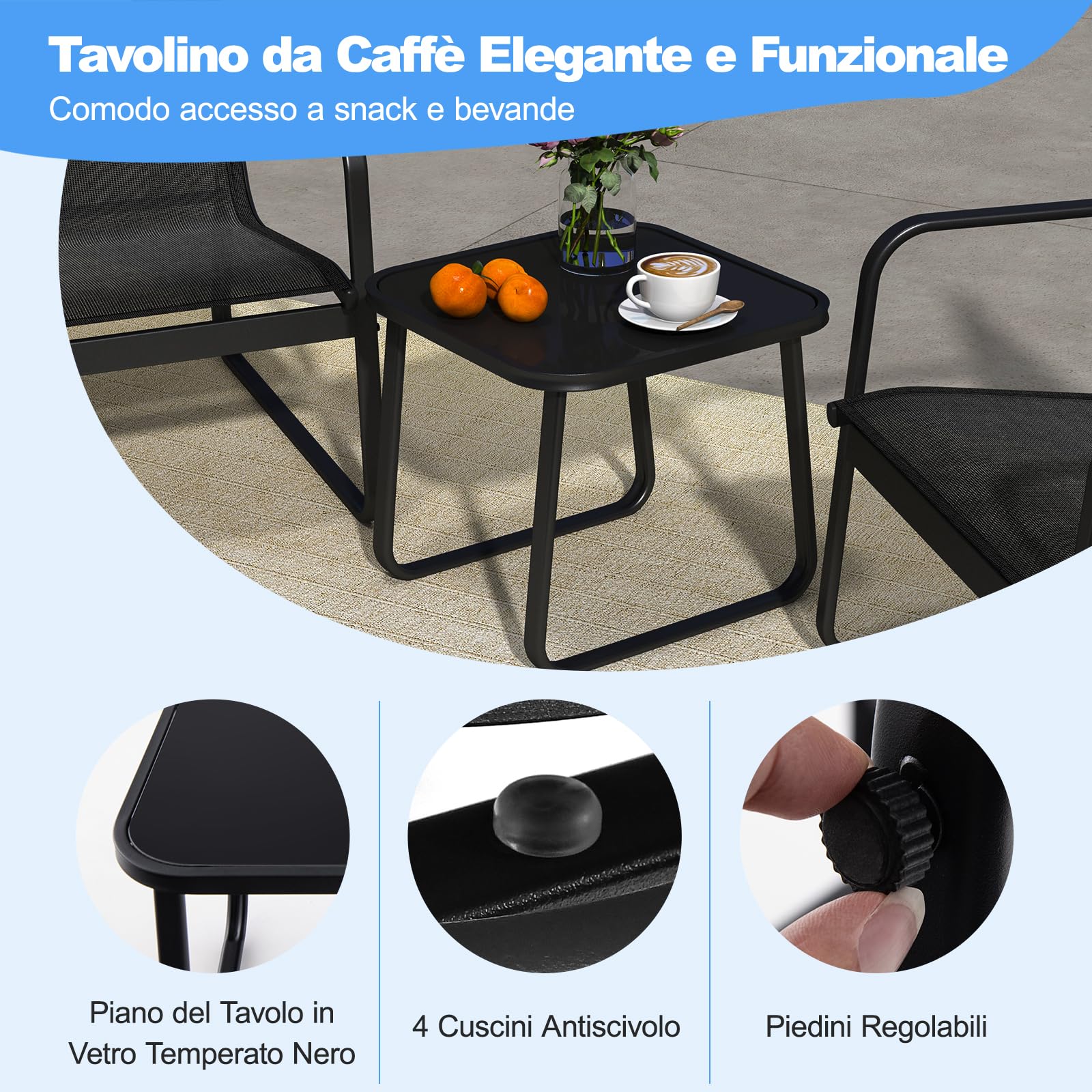 COSTWAY Set Tavolino e Sedie da Giardino, Set Bistrò 3 Pezzi, Set da Giardino in Metallo e Tessuto Textilene, Tavolino in Vetro Temperato, per Giardino, Cortile, Bordo Piscina (Nero)