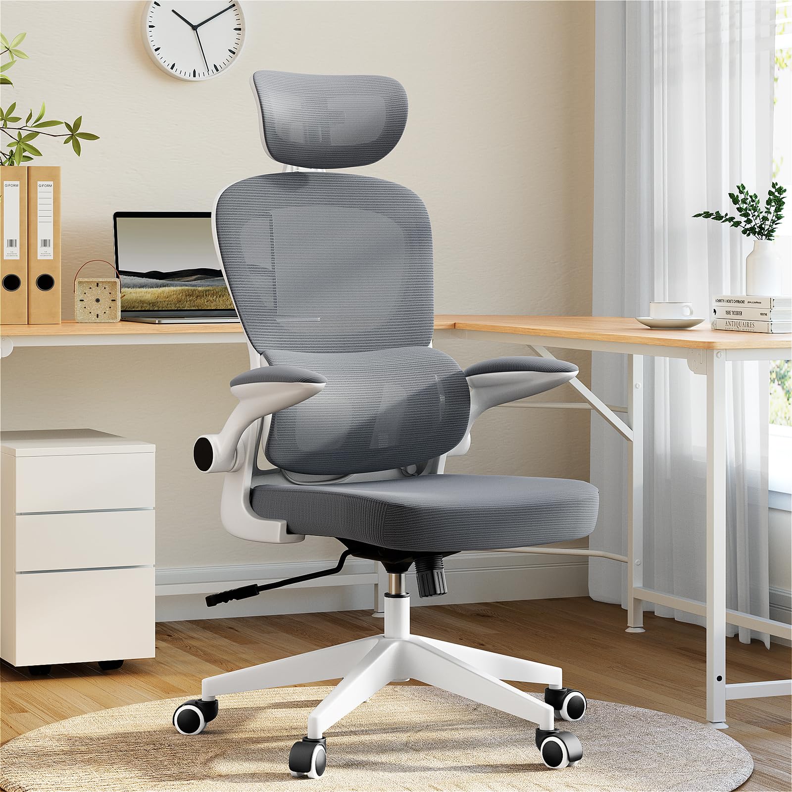 Photo 1 of kenvc Ergonomic Office Chair, High Back Office Chair with Lumbar Support, Adjustable Headrest, Flip-up Arms, Swivel Mesh Office Chair for Work, Study, Gaming, Grey Grey with Lumbar Support