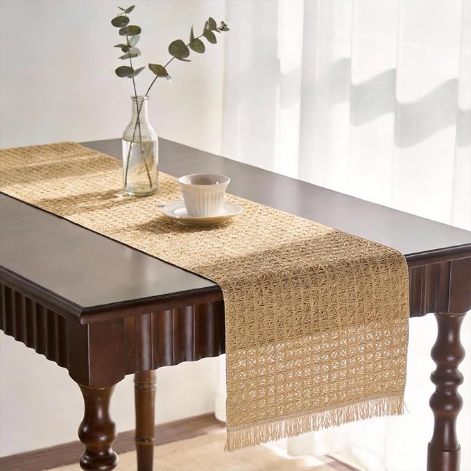 Handwoven Jute Table Runner with Fringe Geometric Table Runners