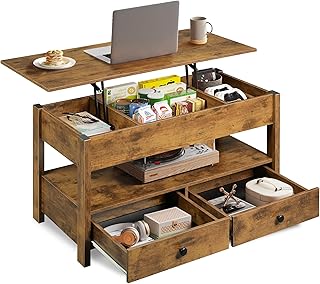 WLIVE Height-adjustable coffee table, living room table with 2 drawers and hidden storage compartment, 50 x 100 cm, wood l...