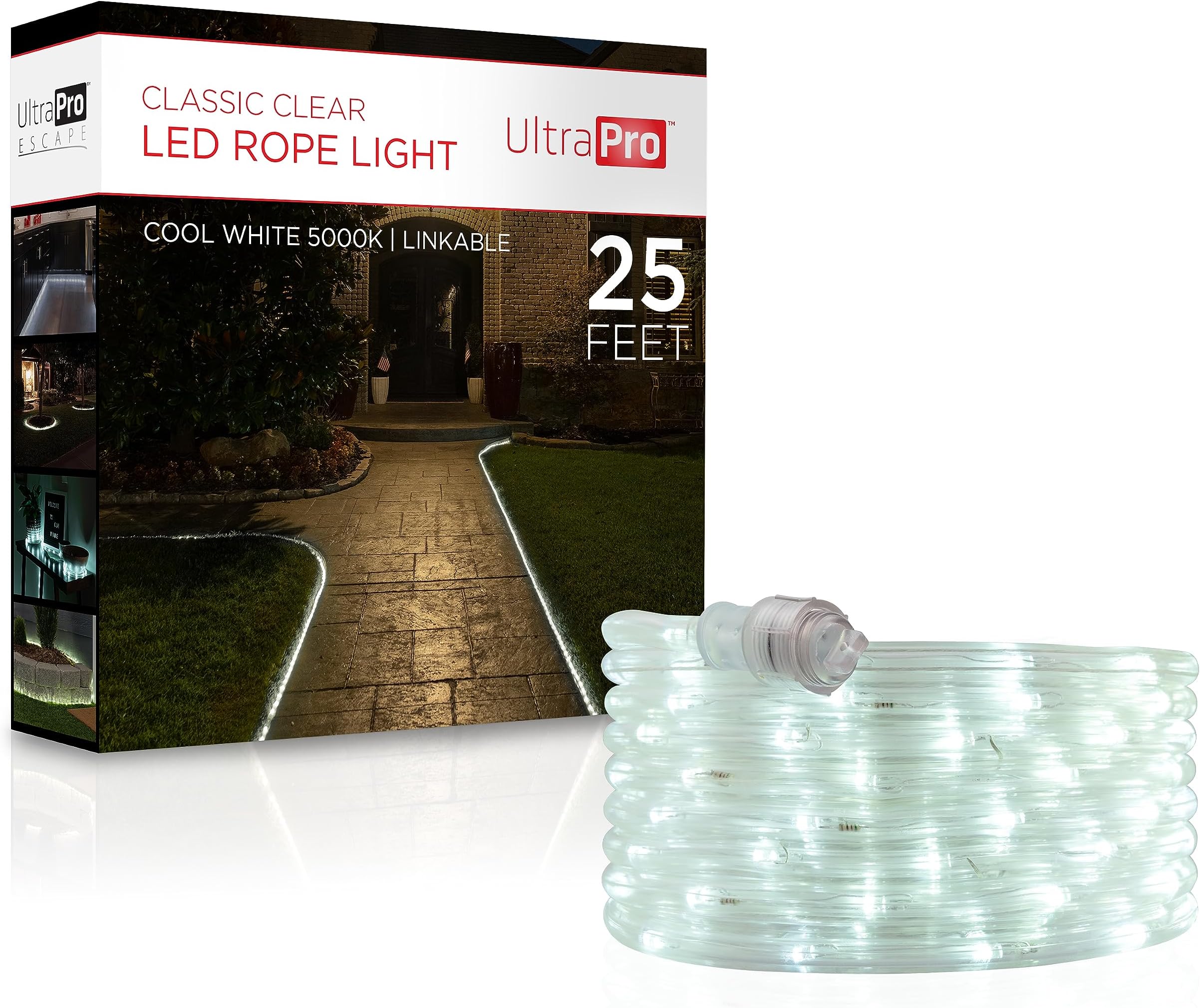 UltraPro LED Rope Lights, 25ft Classic Clear Rope, Cool White Light