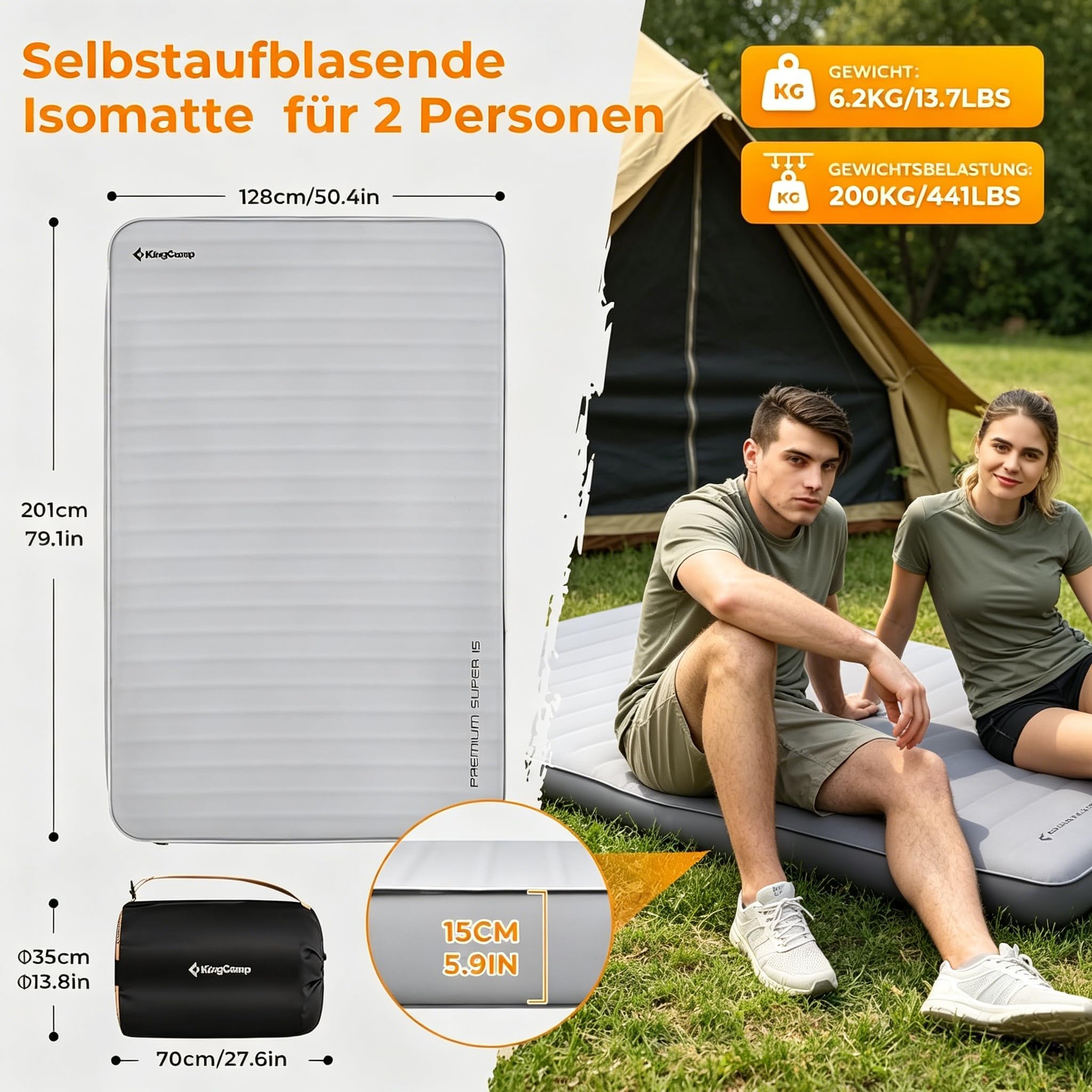 KingCamp Isomatte Selbstaufblasend Camping Komfort 3D 15cm Dick R-15,5 | Selbstaufblasbare Luftmatratze Kompakt Robust Stabil 4-Jahreszeiten Leise für Glamping Zelt Auto Gästebett 201x128cm Grau