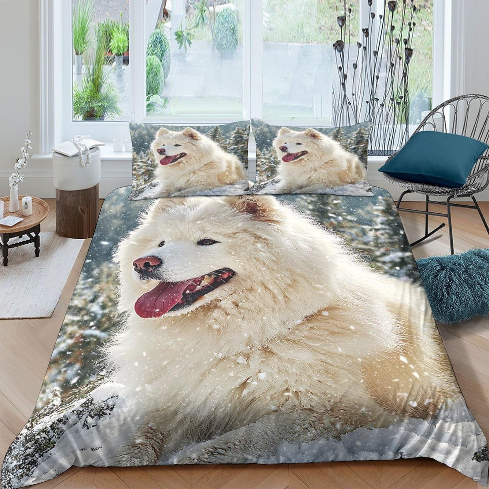 GPLZQXKJNH 3D Printed Fluffy Samoyed Dog Duvet Cover Set Microfiber Soft Breathable Snow Forest Bedding with 2 Pillowcases Home Bedroom Single（135x200cm）