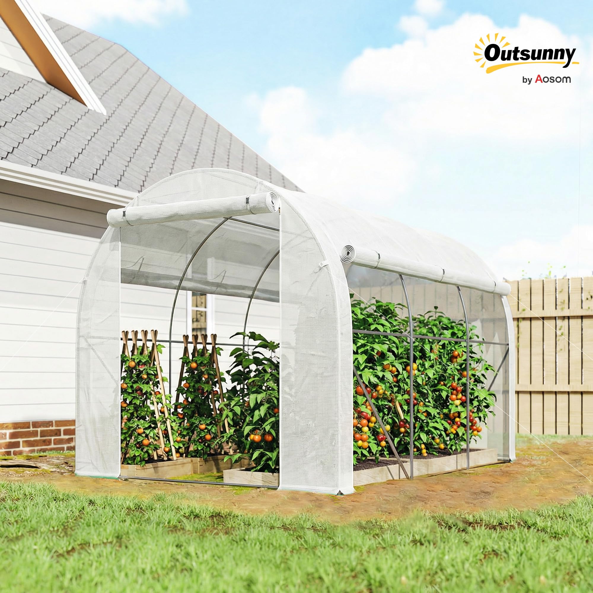 Outsunny Serre de Jardin 6 m² 3 x 2 m avec 1 Porte + 2 parois latérales zippées enroulables, 6 fenêtres, Acier galvanisé PE Haute densité 140 g/m² Anti-UV Blanc