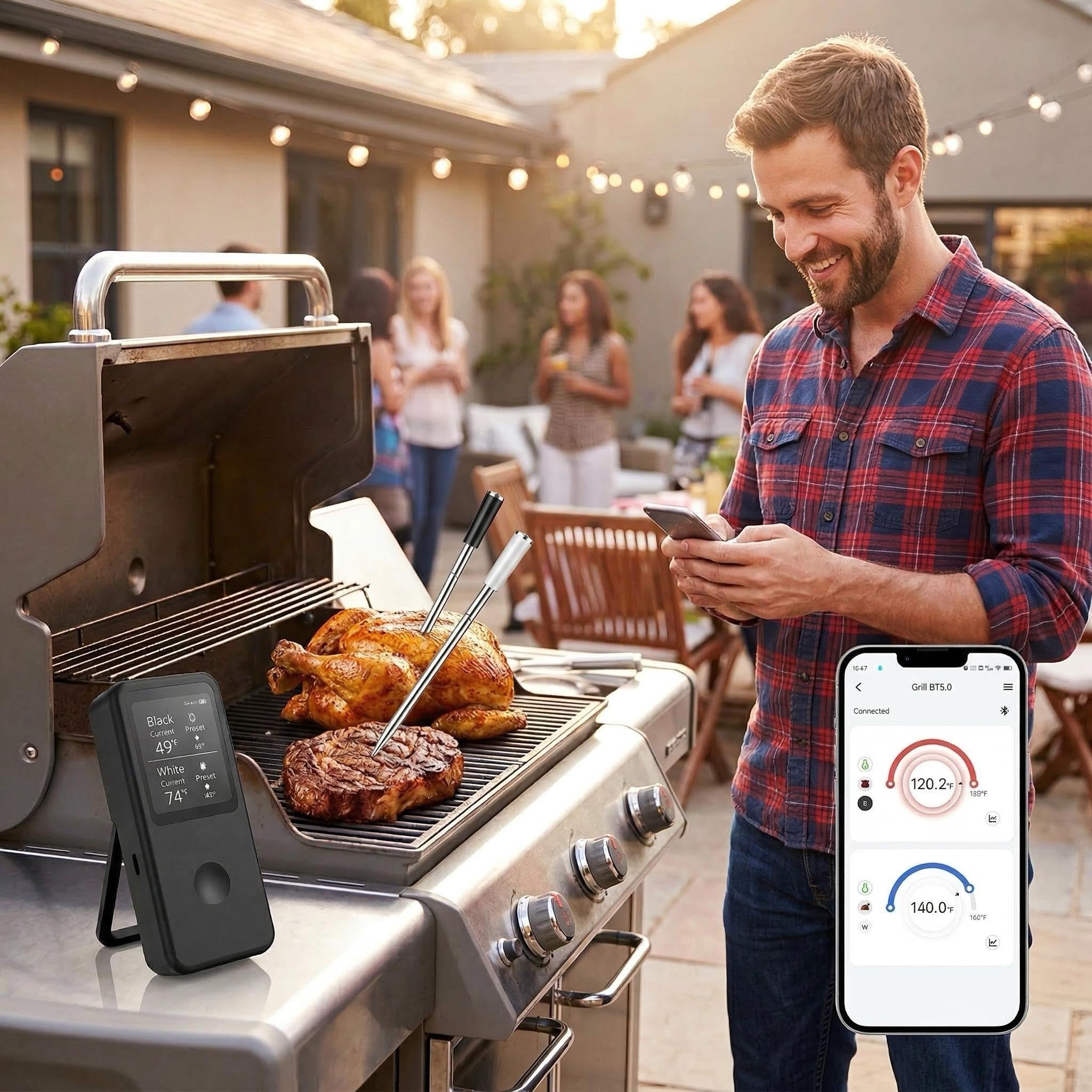 Berrcom 2.4 Inch Wireless Meat Thermometer with Dual Probes, Bluetooth Meat Thermometer with 500FT Range, 400°C Heat-Resistant Probe, Smart App with 12 Presets for Grilling BBQ Oven Smoker