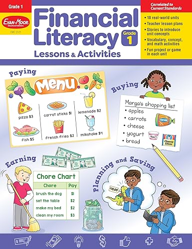 Evan-Moor Financial Literacy Lessons and Activities, Grade 1, Homeschool and Classroom Resource Workbook, Learn about Money, Earning, Paying, Buying, ... (Financial Literacy Lessons &amp; Activities)