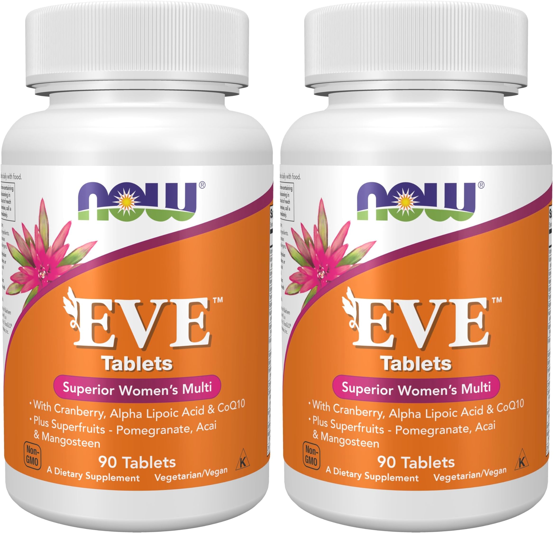NOW Supplements, Eve™ Women's Multivitamin with Cranberry, Alpha Lipoic Acid and CoQ10, Plus Superfruits - Pomegranate, Acai & Mangosteen, 90 Tablets (Pack of 2)