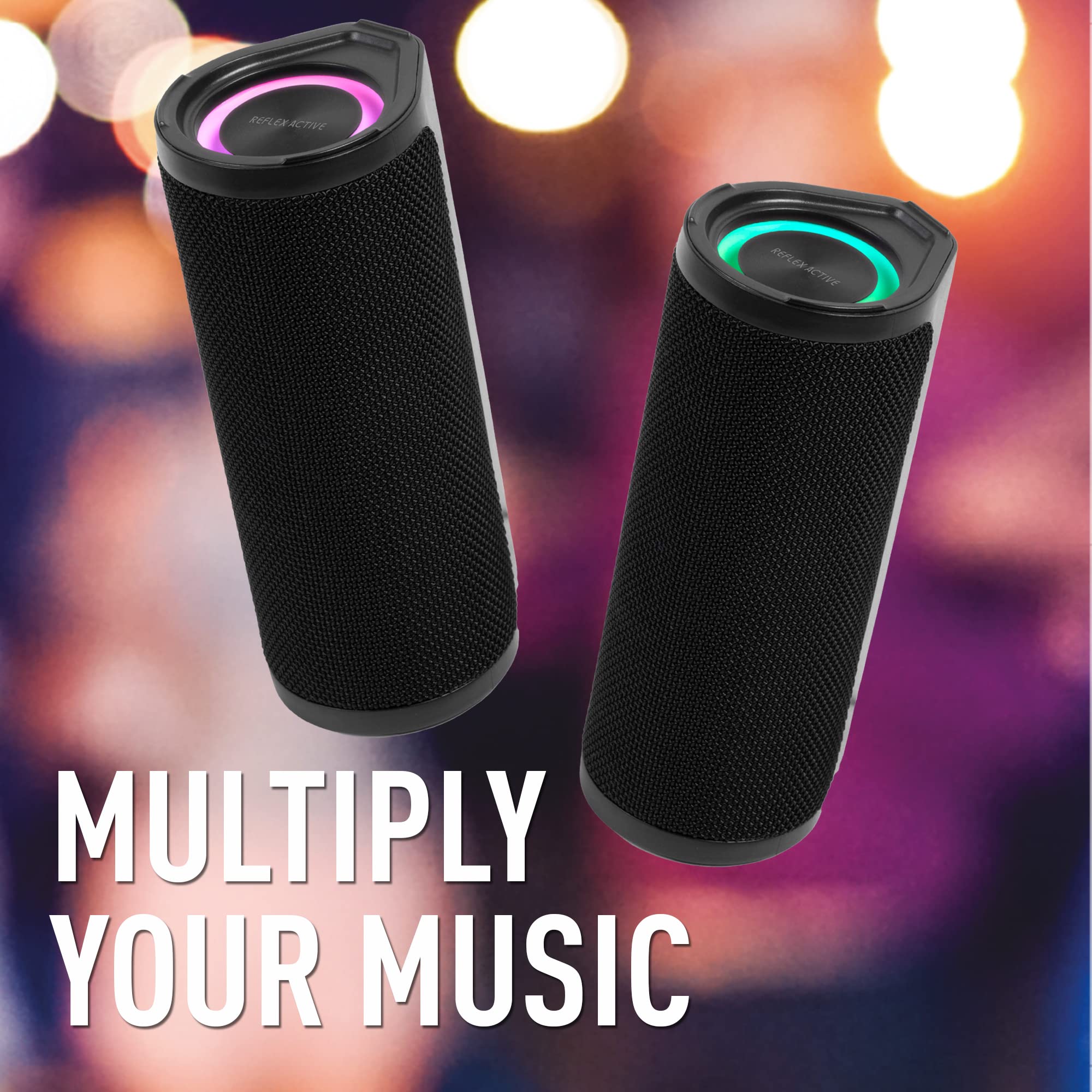 Reflex Active Głośnik stereo BT z pasywnym basem. Zewnętrzny odporny na wstrząsy i wodoodporny głośnik. Moc wyjściowa 2 x 2,5 W. Czarne gumowe wykończenie lakieru z logo paska