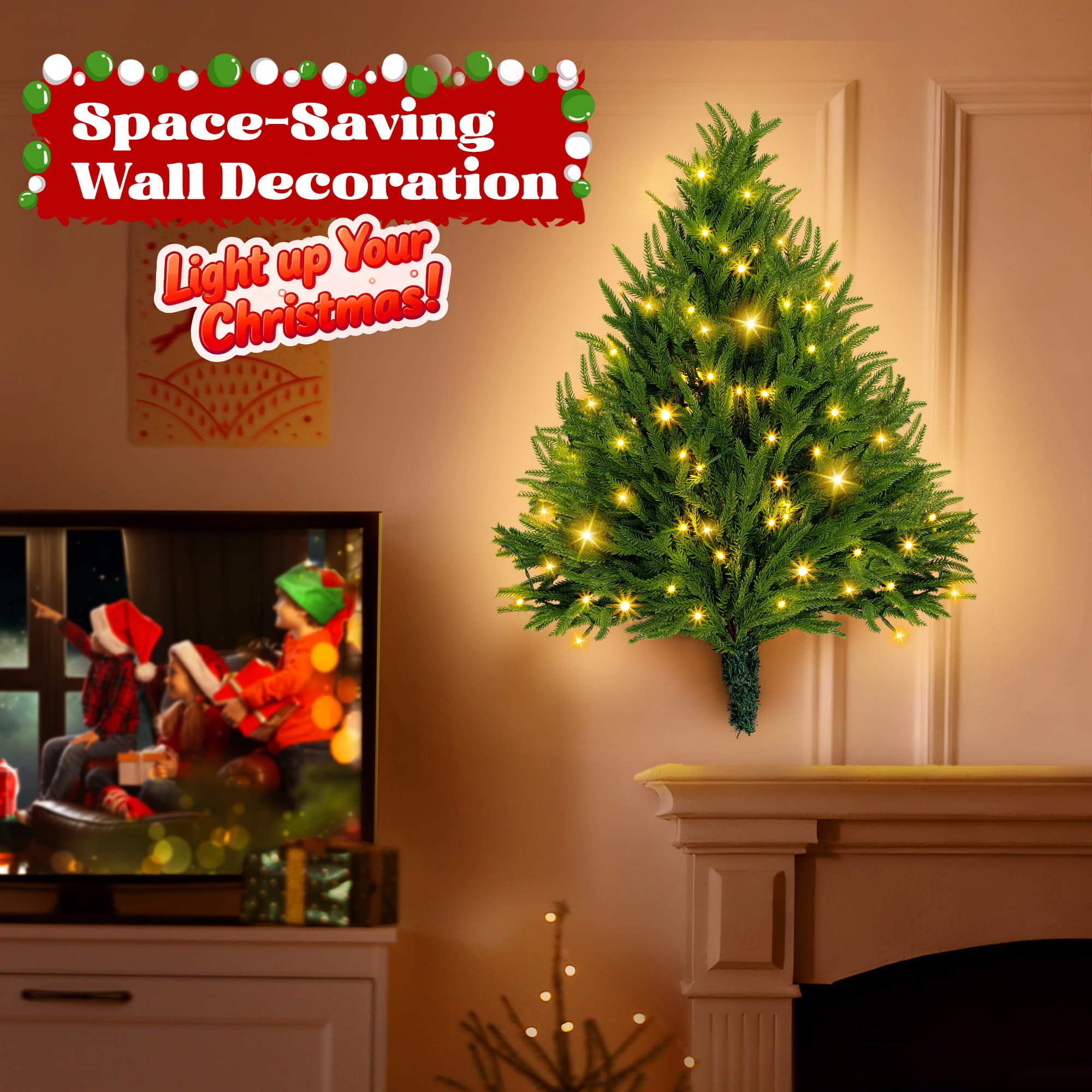 Sapin de Noël Artificiel pré-éclairé à Suspendre au Mur avec lumières LED, Sapin de Noël Plat pré-éclairé pour Appartement, propriétaire de Chat