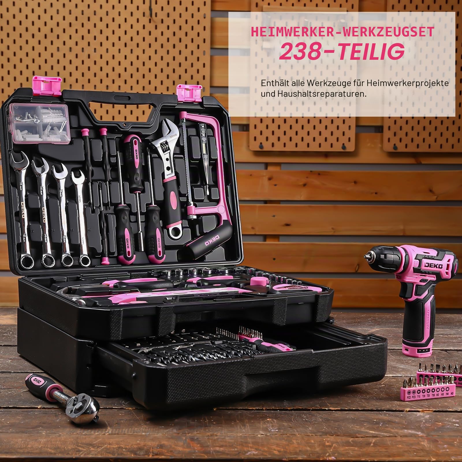 Akku-Bohrmaschinen-Werkzeug-Set: DEKO 12 V rosa Bohrmaschine 238 Stück Werkzeugkoffer mit Akku Elektrischer Bohrschrauber für Frauen Zuhause Handreparatur Grundlegende Werkzeugkasten Werkzeugsets