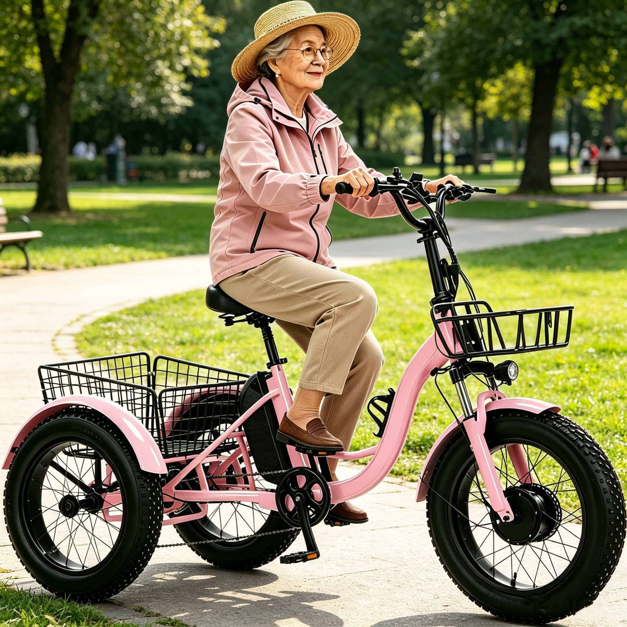 YMLUKzun Adult Electric Tricycle, 20″ Fat Tire Snow Bike, 48V 13Ah Removable Battery - 35km Range, Dual Disc Brakes, Led Display, Max Load: 150 kg, E-trike for Seniors, For Commuting,Travel Pink