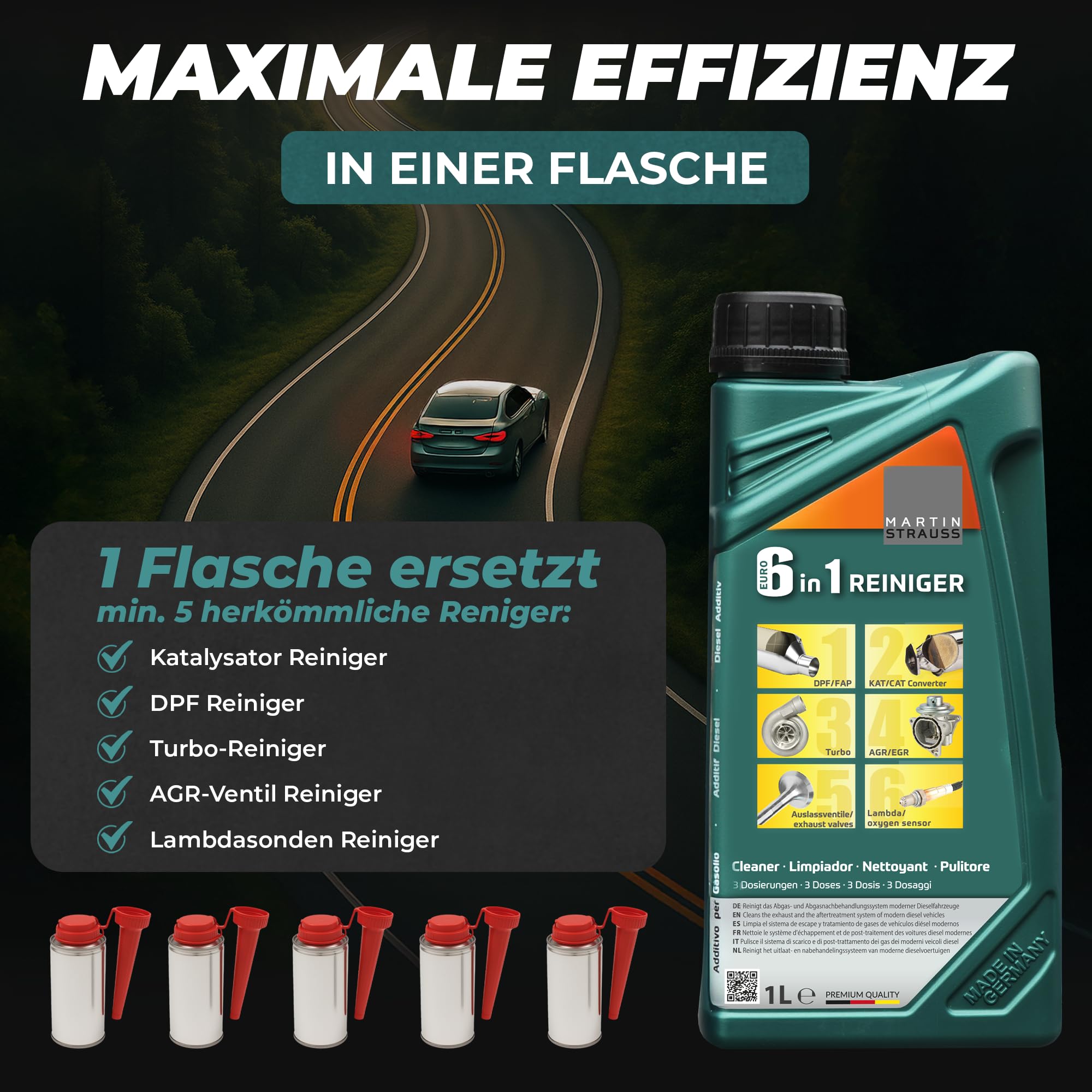 MARTIN STRAUSS® Euro 6 in 1 Reiniger. Kur des Diesel-Abgassystems: AGR, Turbo, Kat, DPF, Lambda, Brennraum. 1 Liter, 3x Dosierungen
