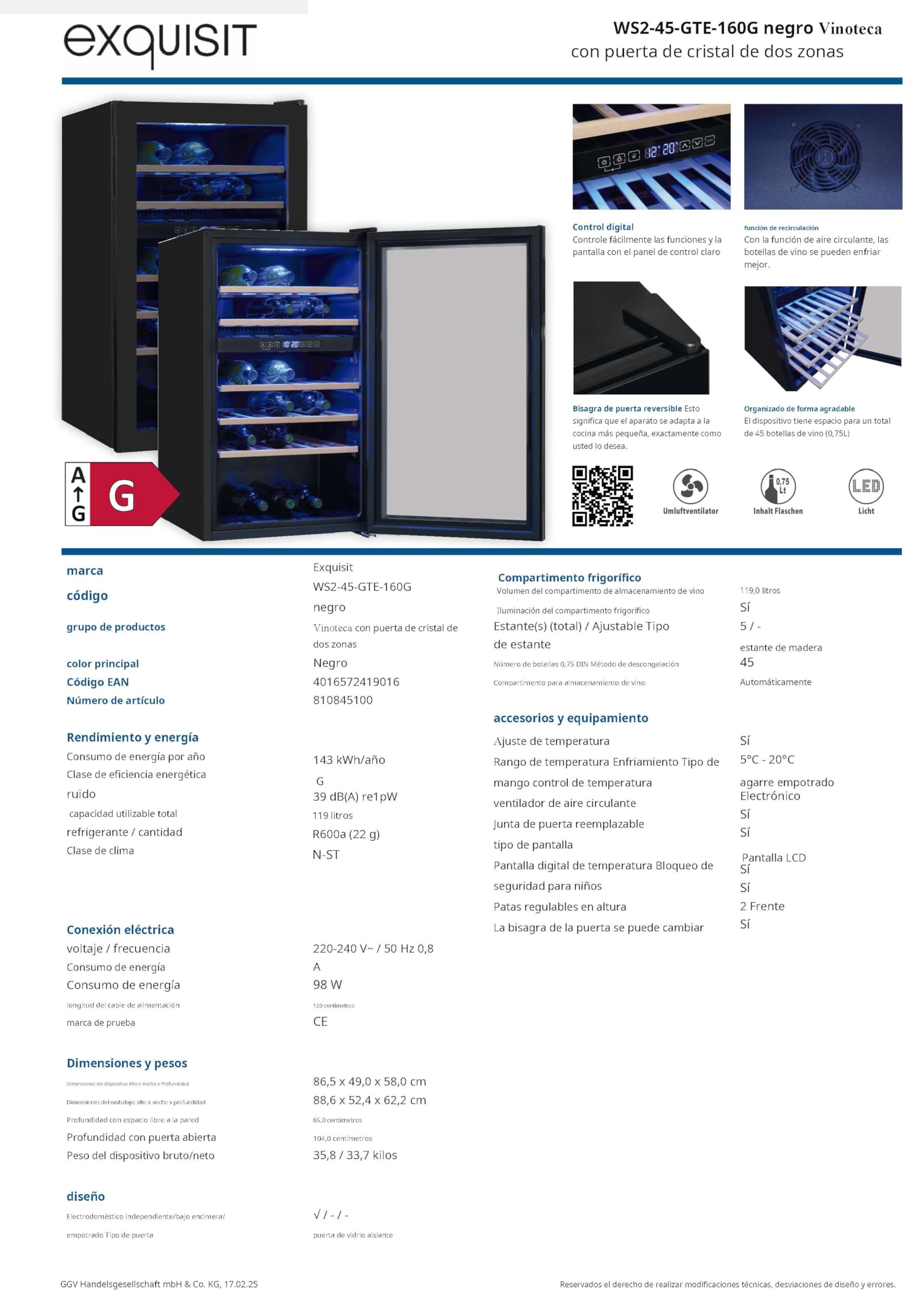 Exquisit® Vinoteca para 45 Botellas, 119L, Negro, Clase G, Dos Zonas de Temperatura 5-20°C, Control Digital LCD, Puerta Reversible de Cristal, Iluminación LED, Medidas (86,5 x 49,0 x 58,0 cm).