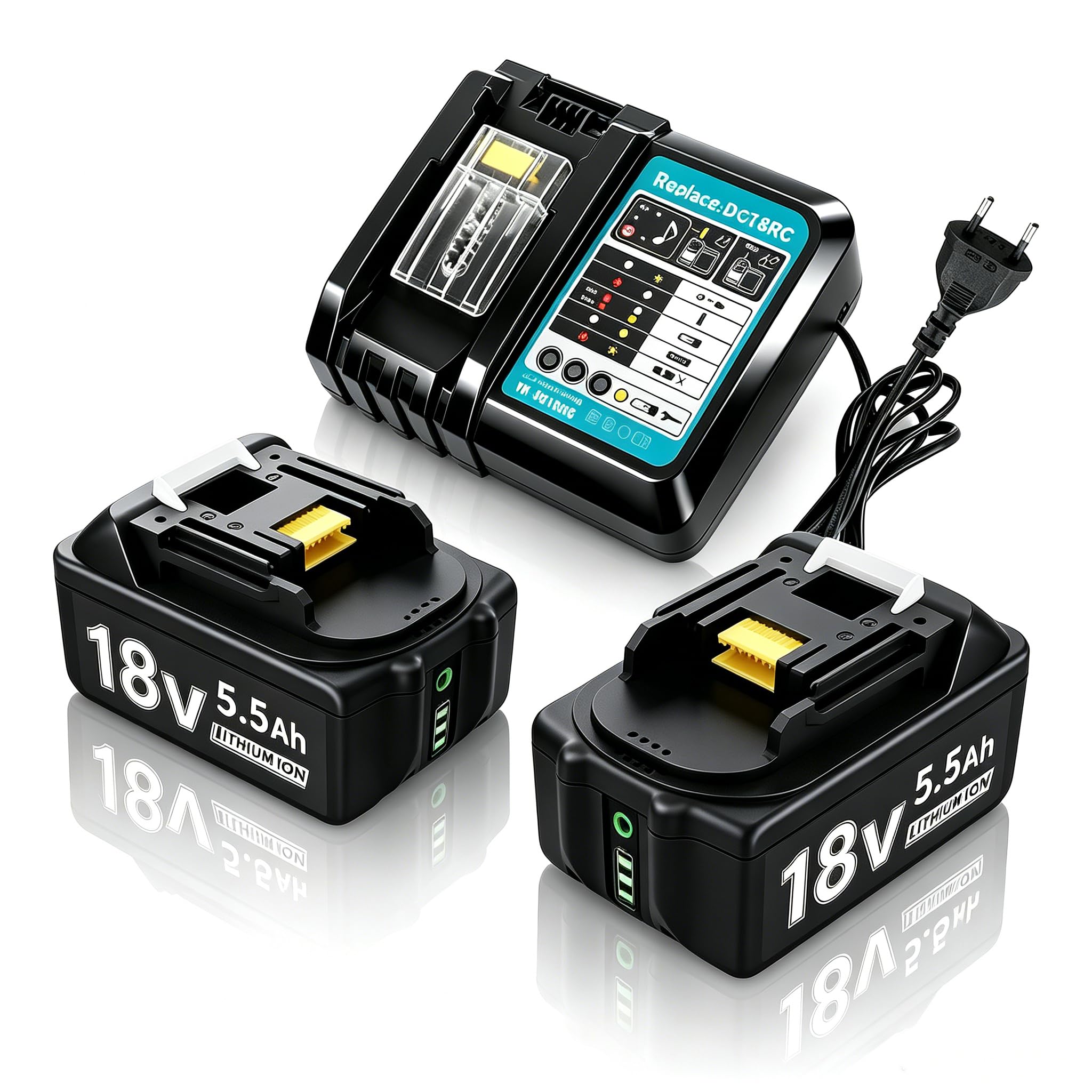 2 x 5.5Ah 18 V battery with charger replacement battery for Makita battery BL1860B BL1830 BL1830B BL1840 BL1850 BL1850B BL1860 BL1815 LXT-400, 18V 5500mAh battery replacement battery with 4A charger