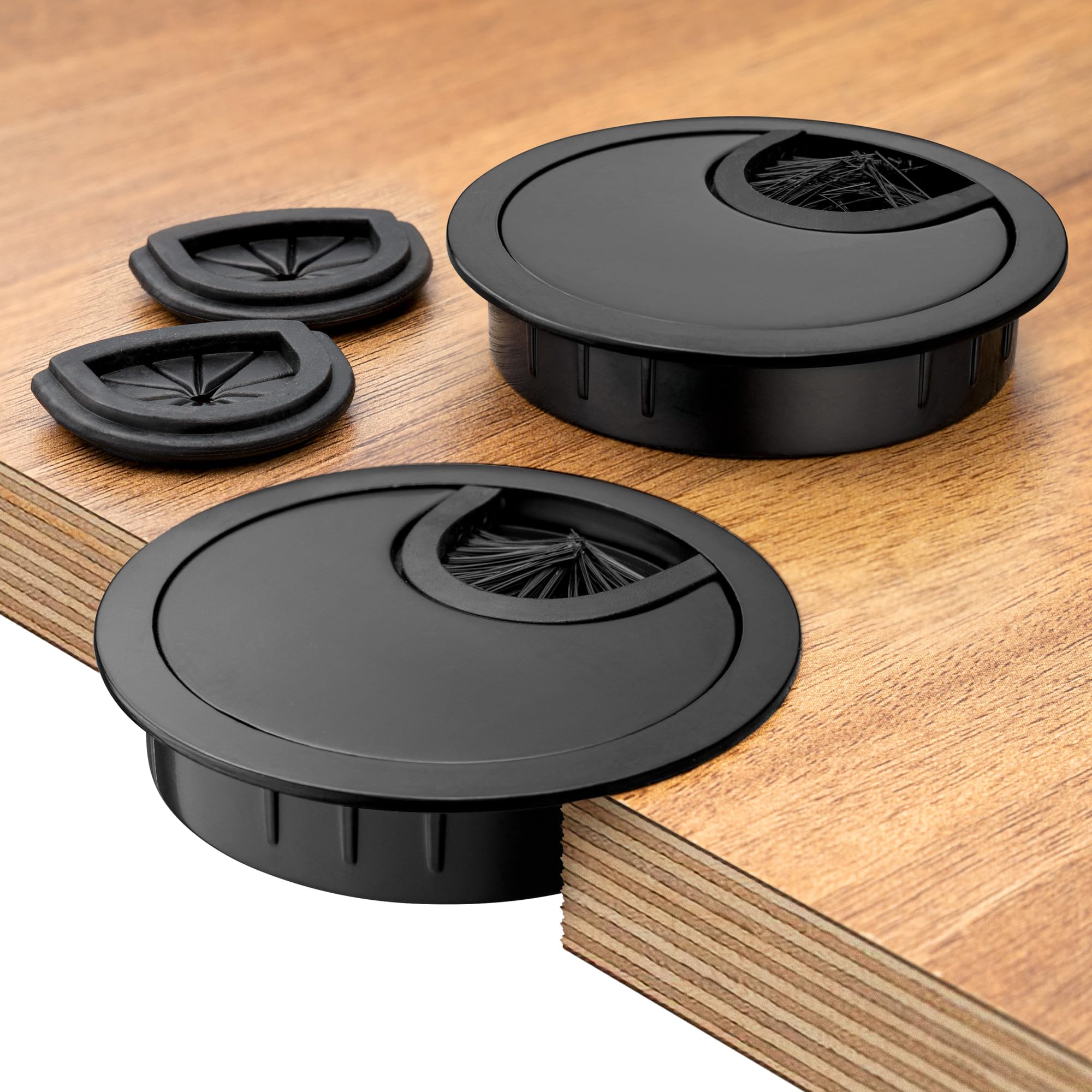 Bruce.® 2X Kabeldurchführung Ø60mm Metall für Schreibtisch & Möbel – Endlich Ordnung im Büro und Zuhause – mit Bürsten- & Gummieinsatz – Schwarz