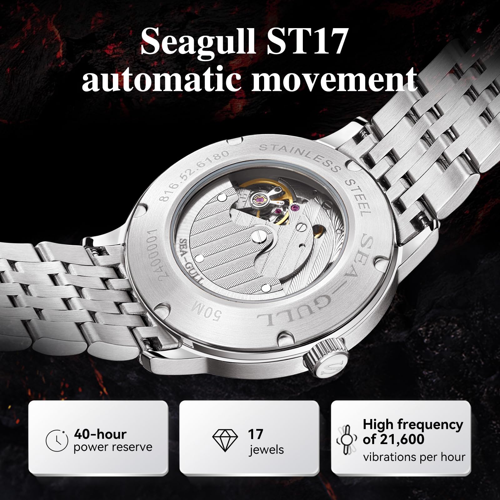 SEA-GULL Męskie zegarki mechaniczne, seria Natural, automatyczny zegarek na rękę, tarcza Polaris Sub, Seagull ST17, świecący, 6180
