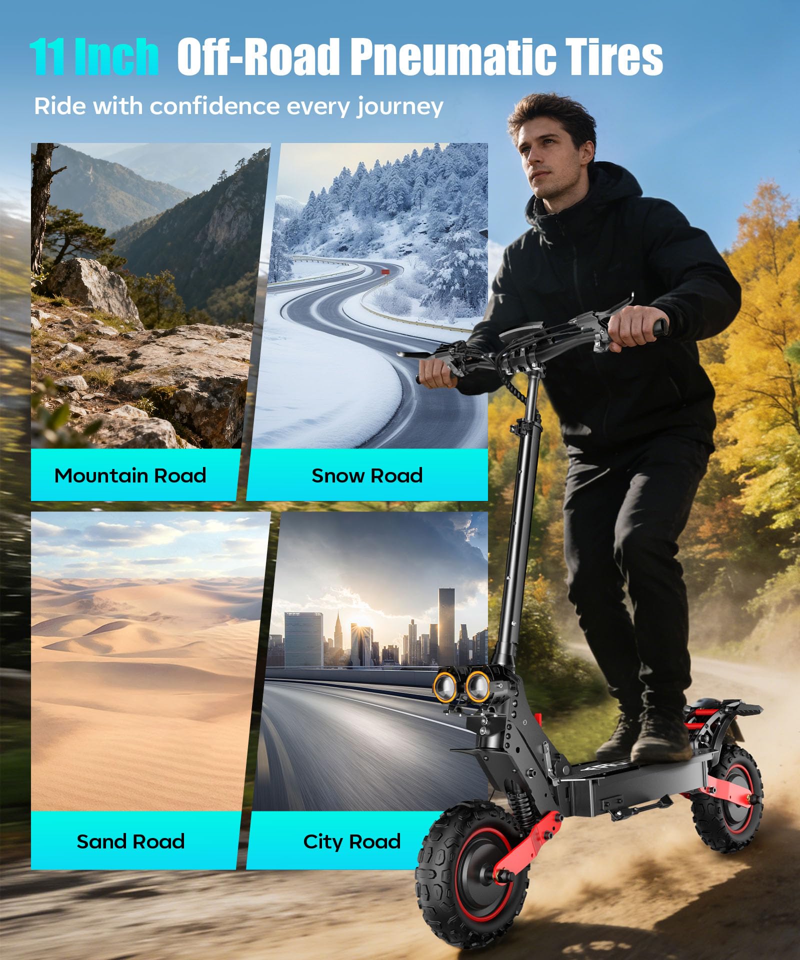 Trottinette Électrique Adulte Tout-Terrain, Double Moteur 2400 W, Batterie 60 V 23 Ah, Autonomie 55 km, Vitesse Max. 25 km/h, Pneus 11 Pouces, Double Suspension, Freins à Disque