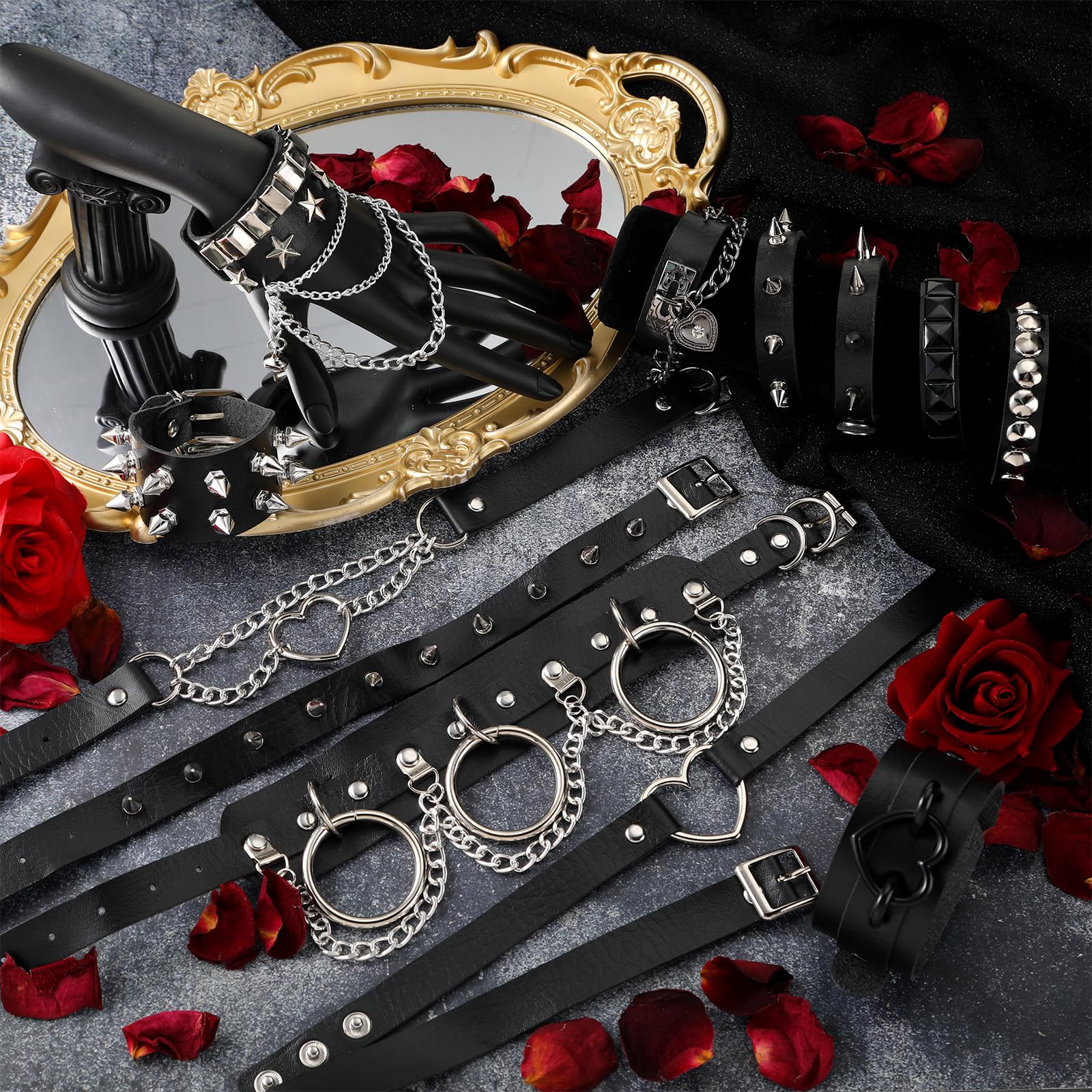 Cunno 13 Pcs Leather Spike Choker Studded Bracelet Cuffs Set Gothic Punk Rock Jewelry Set Costume Accessory