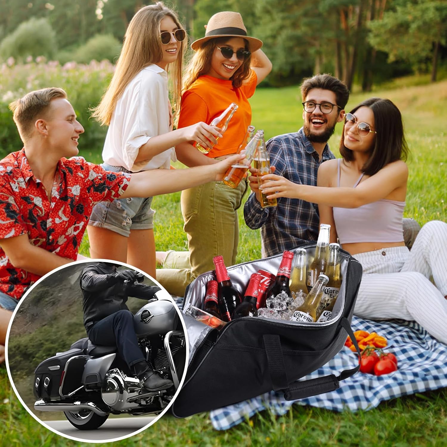 Borsa da sella per moto, fodera termica senza cuciture, adatta per Harley Touring picnic, escursionismo, cibo congelato, bevande, vino, (nero)