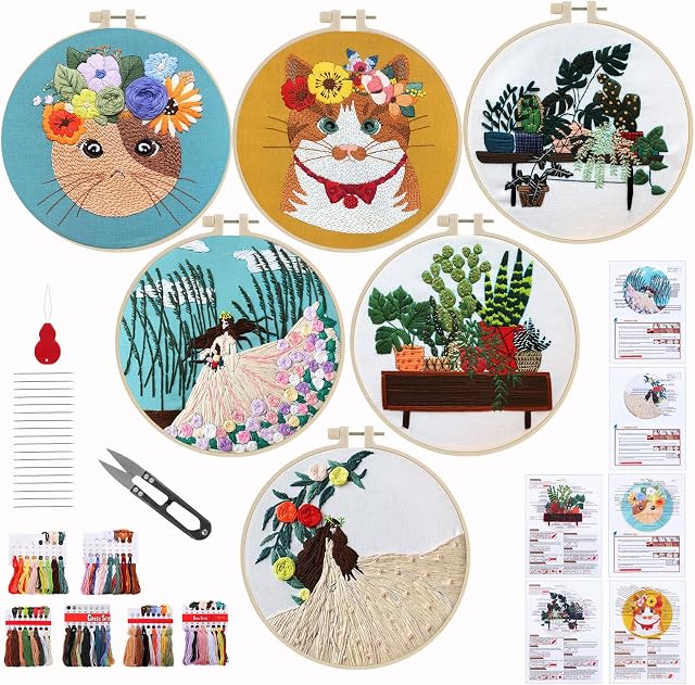 Nynkyon 6 Pack Embroidery Starters Kit for Adults Beginners, Full Range Stamped Embroidery Set with Cat or Plant Pattern. Including Embroidered Cloth ,Colored Threads, Needles, Hoops and Instructions