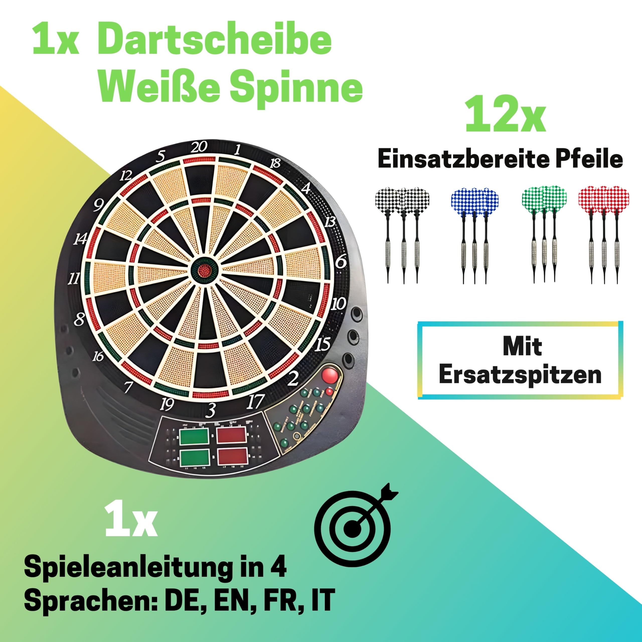 Best Sporting elektr. Dartscheibe Coventry - 27 Spiele mit 159 Varianten, bis zu 16 Spieler, 12 Dartpfeilen & Ersatzspitzen, LED-Anzeigen, Soundeffekt (Weiße Spinne)