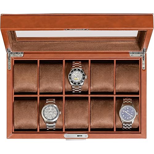 ROTHWELL 10 Slot Leather Watch Box - Luxury Watch Case Display Jewelry Organizer - Locking Watch Display Case Holder with Large Glass Top - Watch Box Organizer for Men and Women (Tan/Brown)