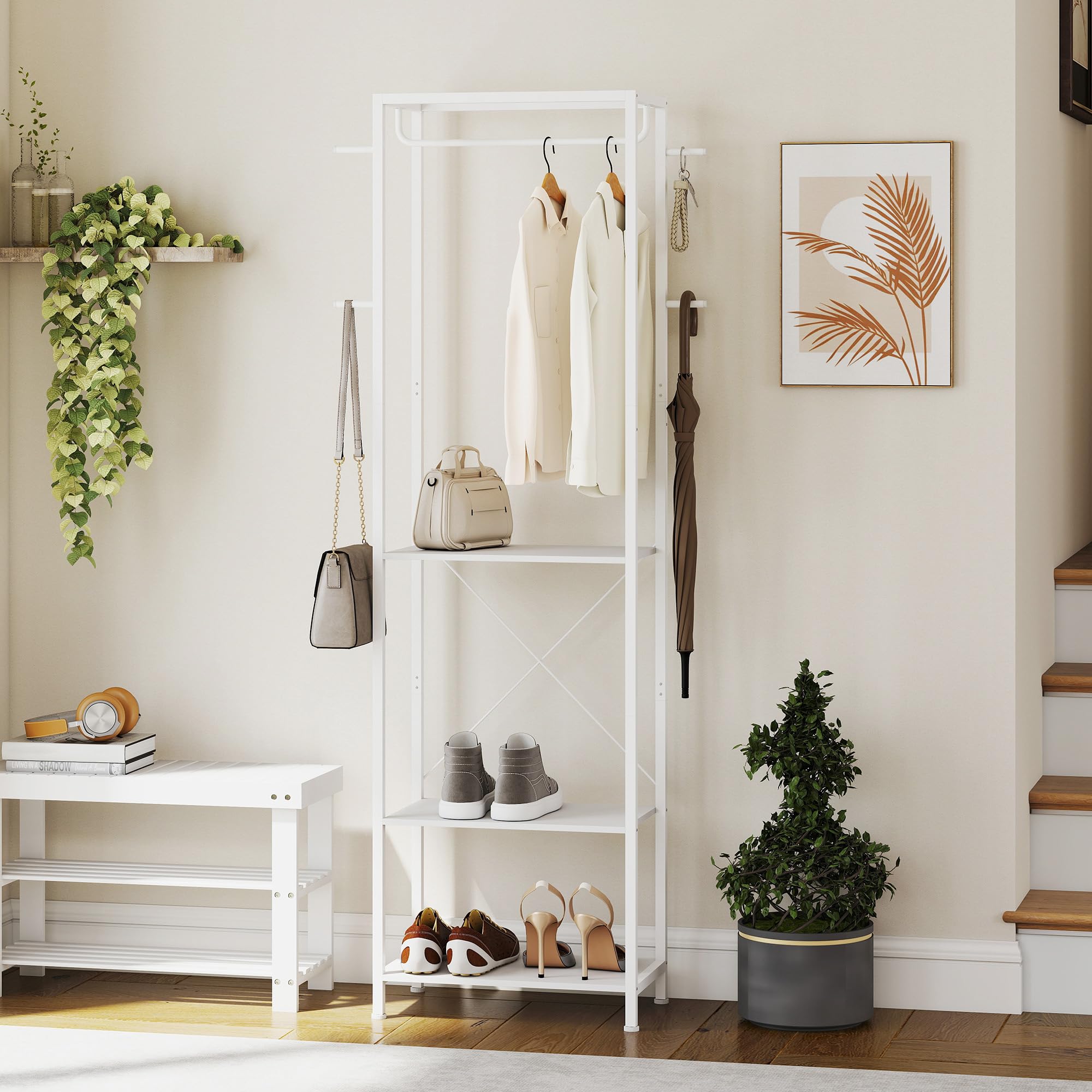 HOMCOM Appendiabiti da Ingresso con Scarpiera, Attaccapanni con Barra Appendi Abiti, 4 Ganci, Ripiano Superiore e 2 Mensole Porta Scarpe, 52x30x180 cm, Bianco