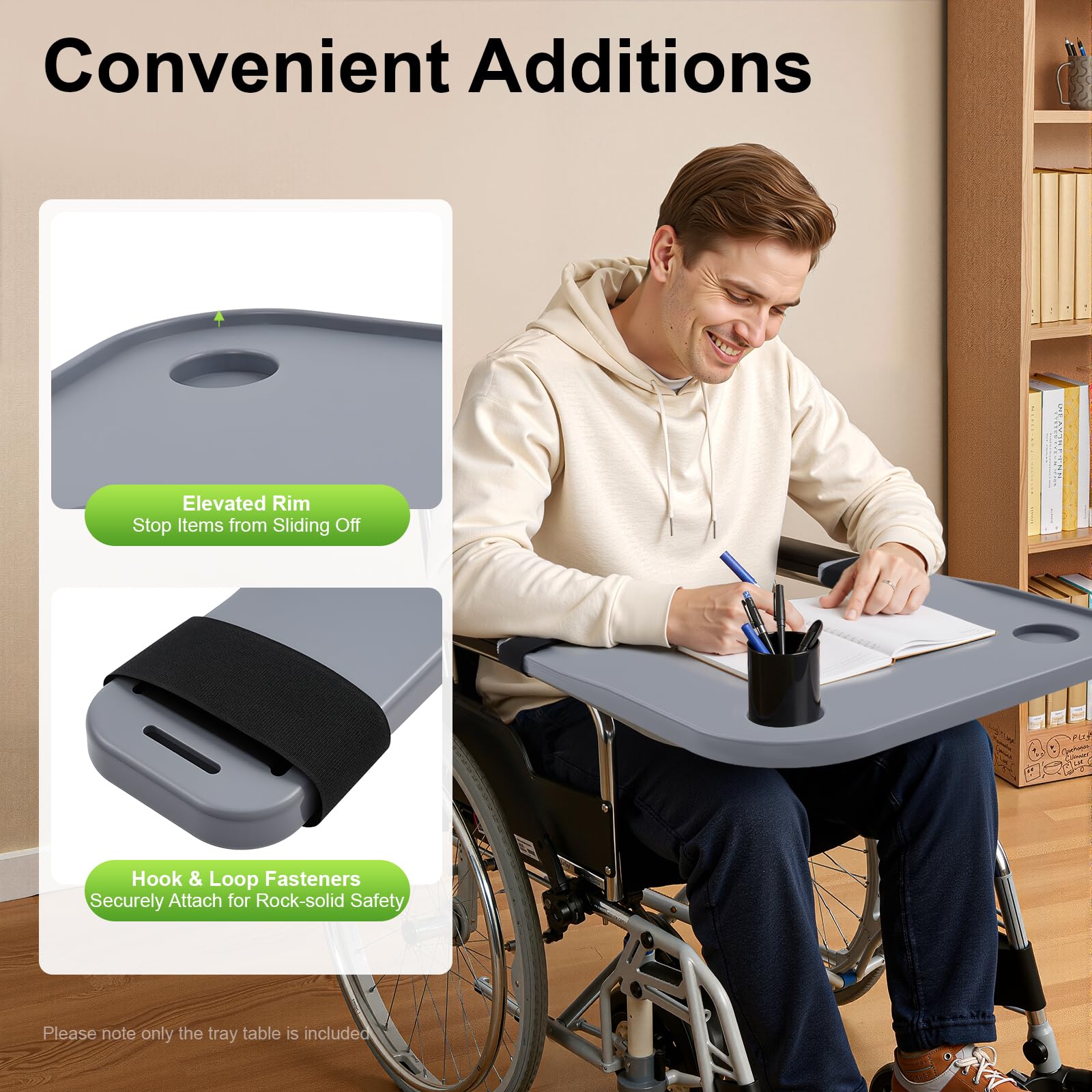 Rollstuhl-Tablett Tisch für Erwachsene ältere Menschen, abnehmbare ABS-Kunststoff-Rollstuhl Esstisch Board mit 2 Cup Holder, tragbare Rollstuhl-Tablett, zum Essen, Lesen, Arbeiten, Grau