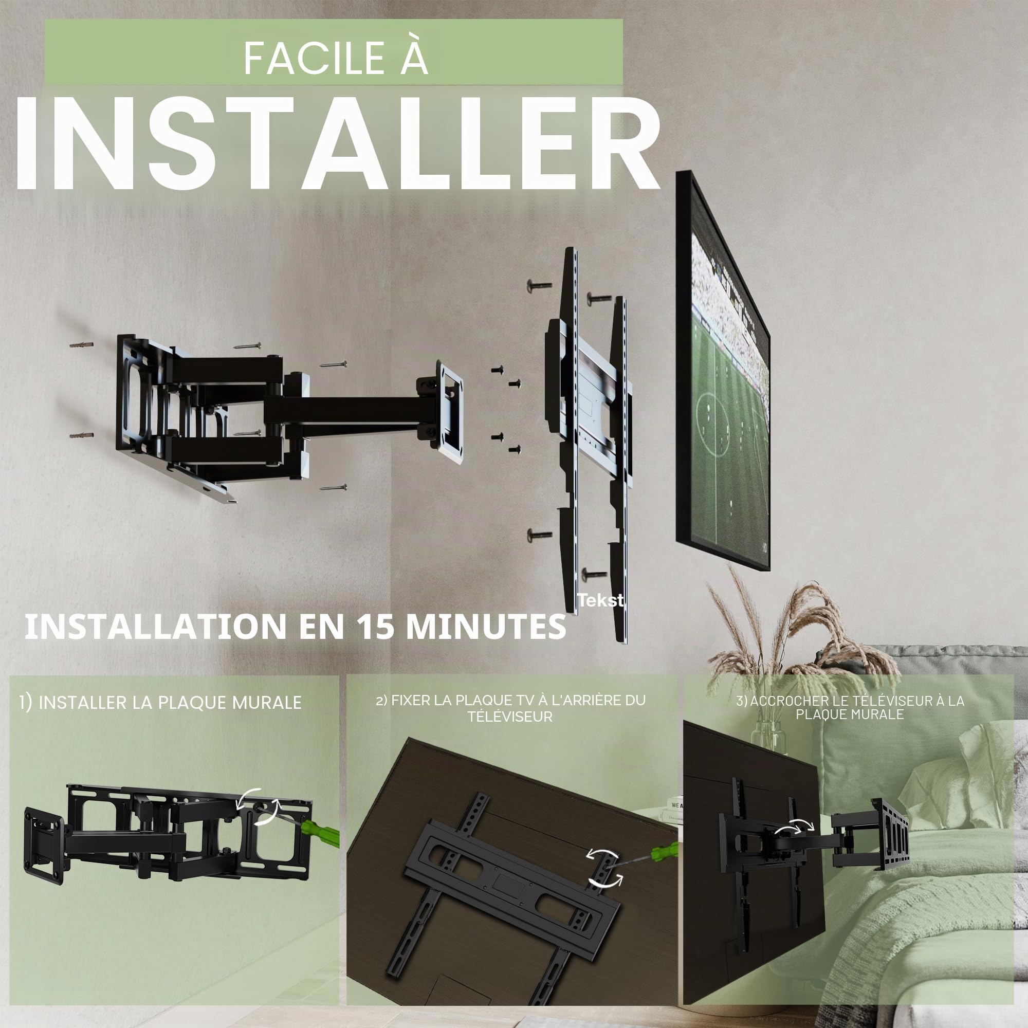 Support Mural TV, Inclinable et Orientable Support TV pour écrans 32-65 Pouces jusqu'à 40Kg -VESA 400 x 400 mm