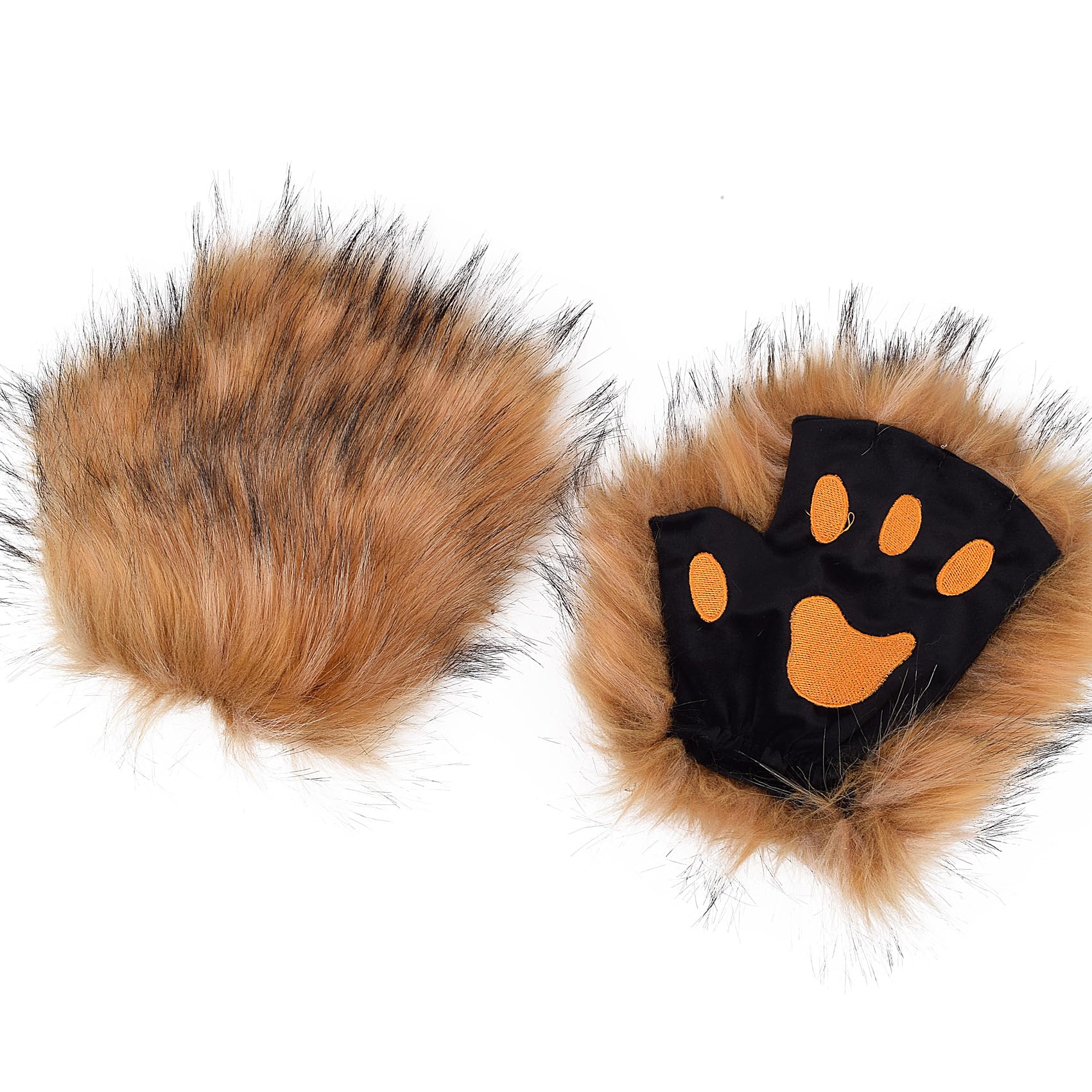 TINAYAUE Wolf Paw Gloves Furry Bear Dog Cat Paws Gloves Faux Fur Fingerless Glove Werewolf Costume Cute Animal Hands Halloween Cosplay Accessories for Adults Kids (Brown, One Size)