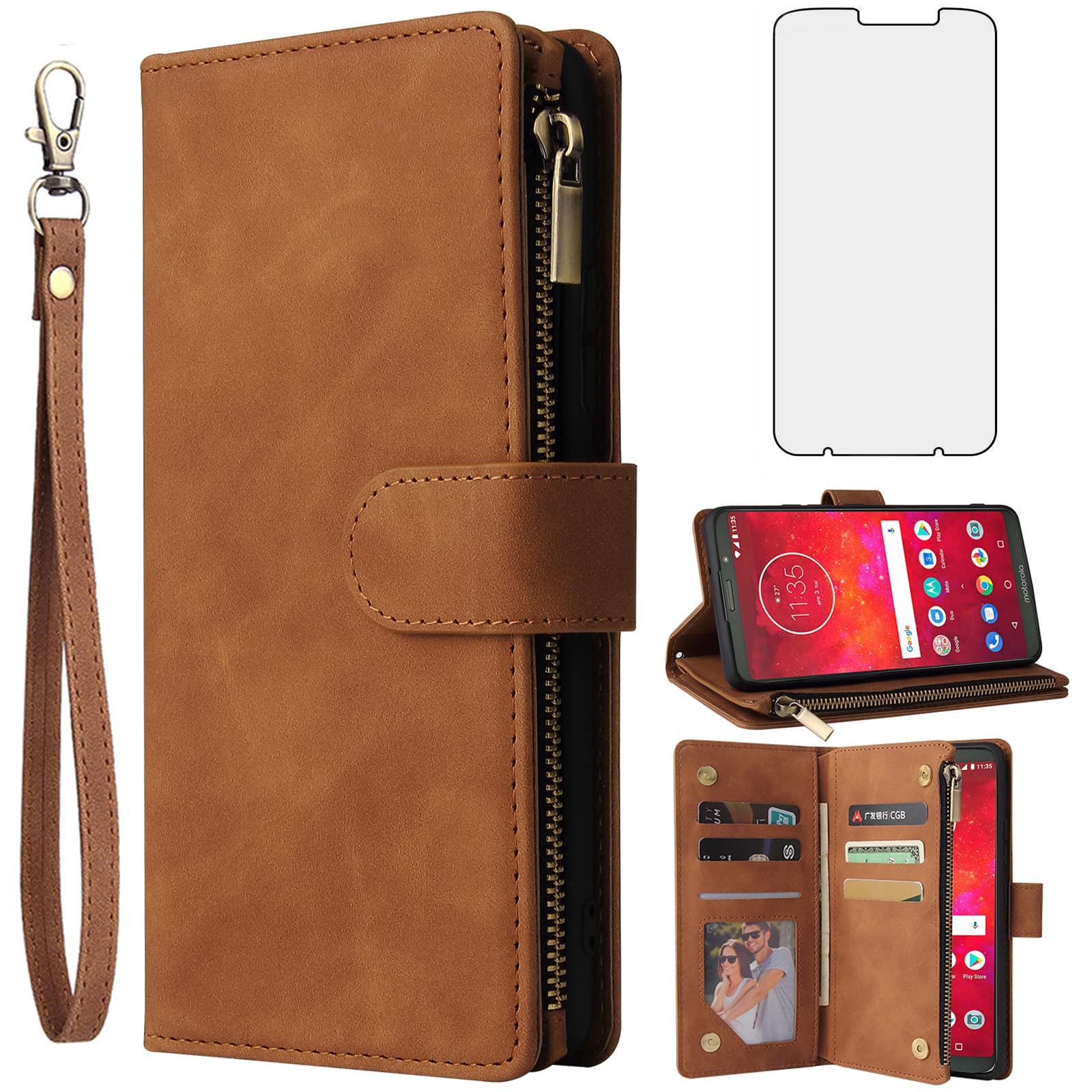 Asuwish Compatible with Moto Z3 / Z3 Play Wallet Case and Tempered Glass Screen Protector Flip Cover Card Holder Stand Cell Accessories Phone Cases