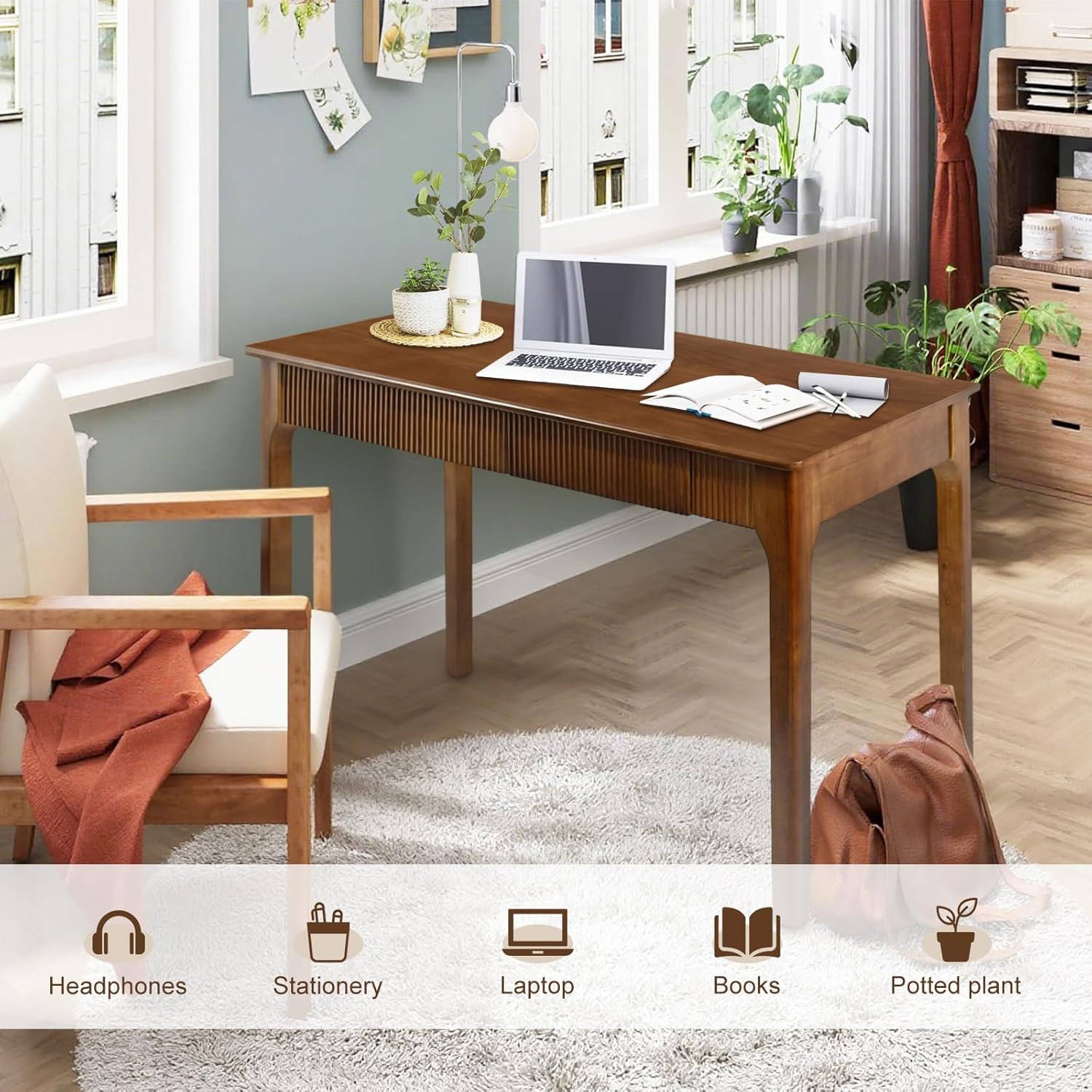 47.2'' Solid Wood Desk with 2 Drawers, Mid Century Modern Home Writing Office Wooden Desk ,Vintage Computer Table with Storage for Living Room, Bedroom, Fluted Design Brown (Walnut, 47.2 Inch) Walnut 47.2 Inch