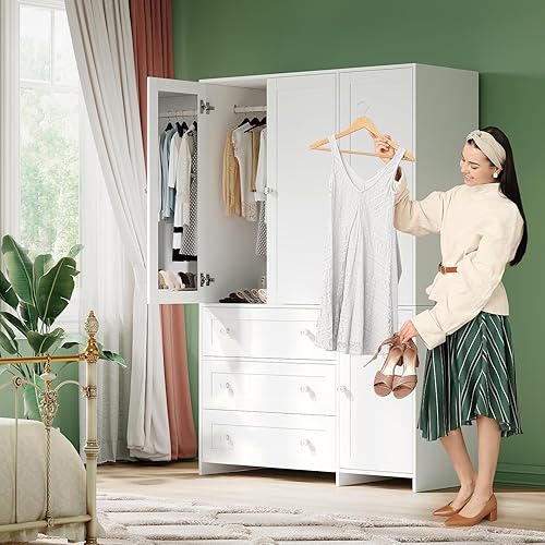 Miniatura 3 de VOWNER Armario Clóset con Cajones y Espejo, Gabinete de Almacenamiento de Ropa de 71" con Barra Colgante, Armario de Madera de 4 Puertas para