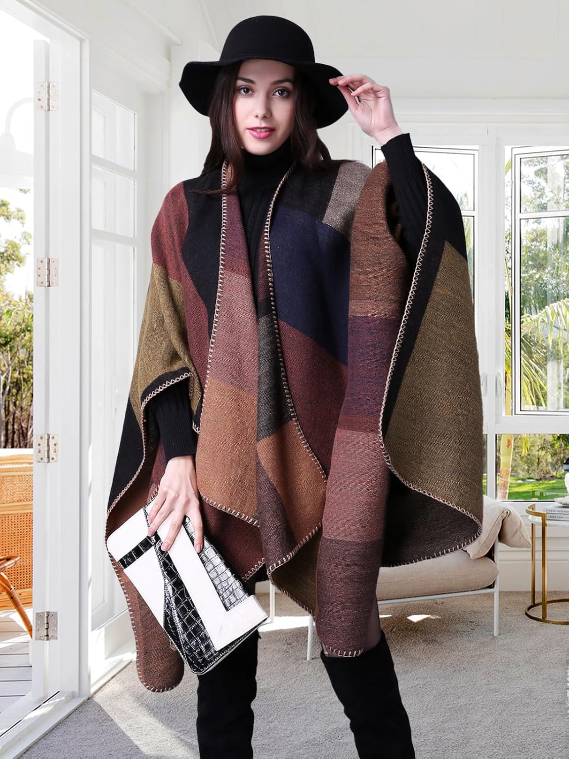 KirGiabo Women's Plaid Sweater Poncho Cape Coat Open Front Blanket Shawls and Wraps - Image 5