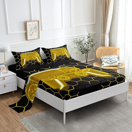 Miniatura 4 de Gaming Bedding Set Kids Bed Sheet Set Full Size Gamer Fitted Sheet Boys Teens Gamepad Flat Sheet Soft Microfiber Game Room Decor Bed Cover(Gamer