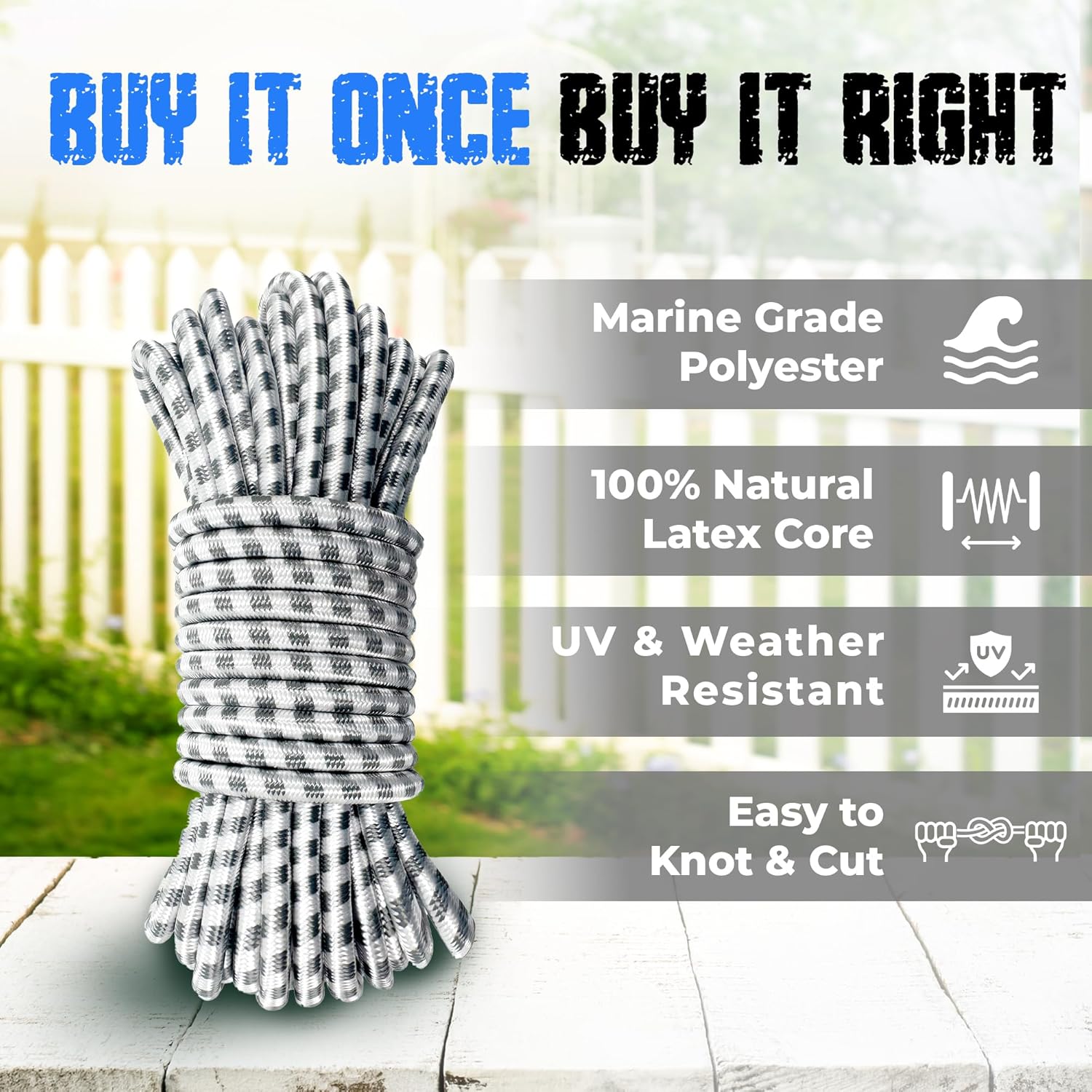 5/16" (8 mm) x 33FT Heavy Duty Bungee Cords - Marine Grade Polyester Shock Cord for Outdoor, Kayak & Tarp - 100% Natural Latex Core Elastic Cord, High-Stretch Bungee Rope & Bungie Cords