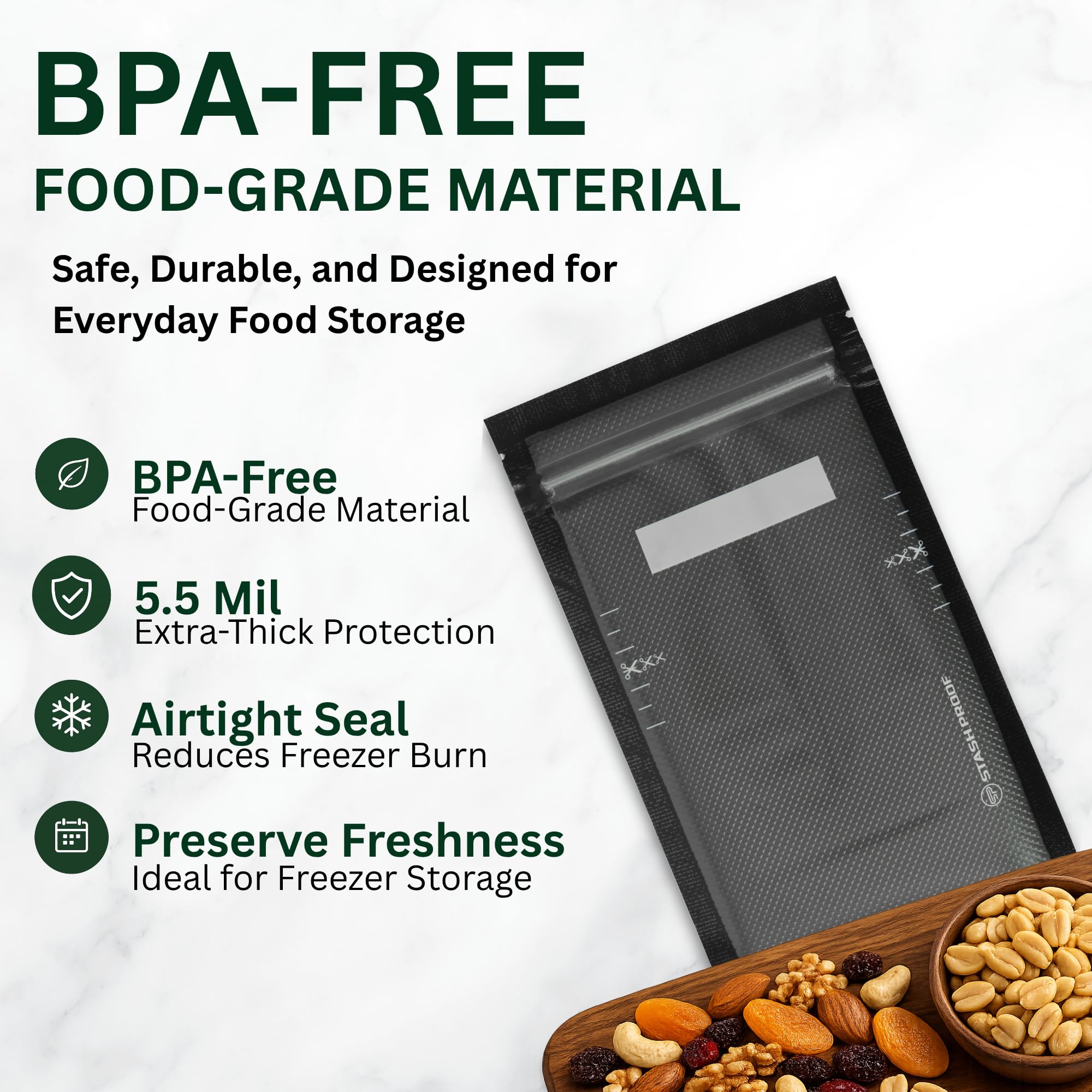 Bolsa de almacenamiento con cremallera resellable de 5 x 8 pulgadas (negro y transparente) (100 unidades) 5.5 mil duradera, sin BPA, comercial, de grado alimenticio, reutilizable,