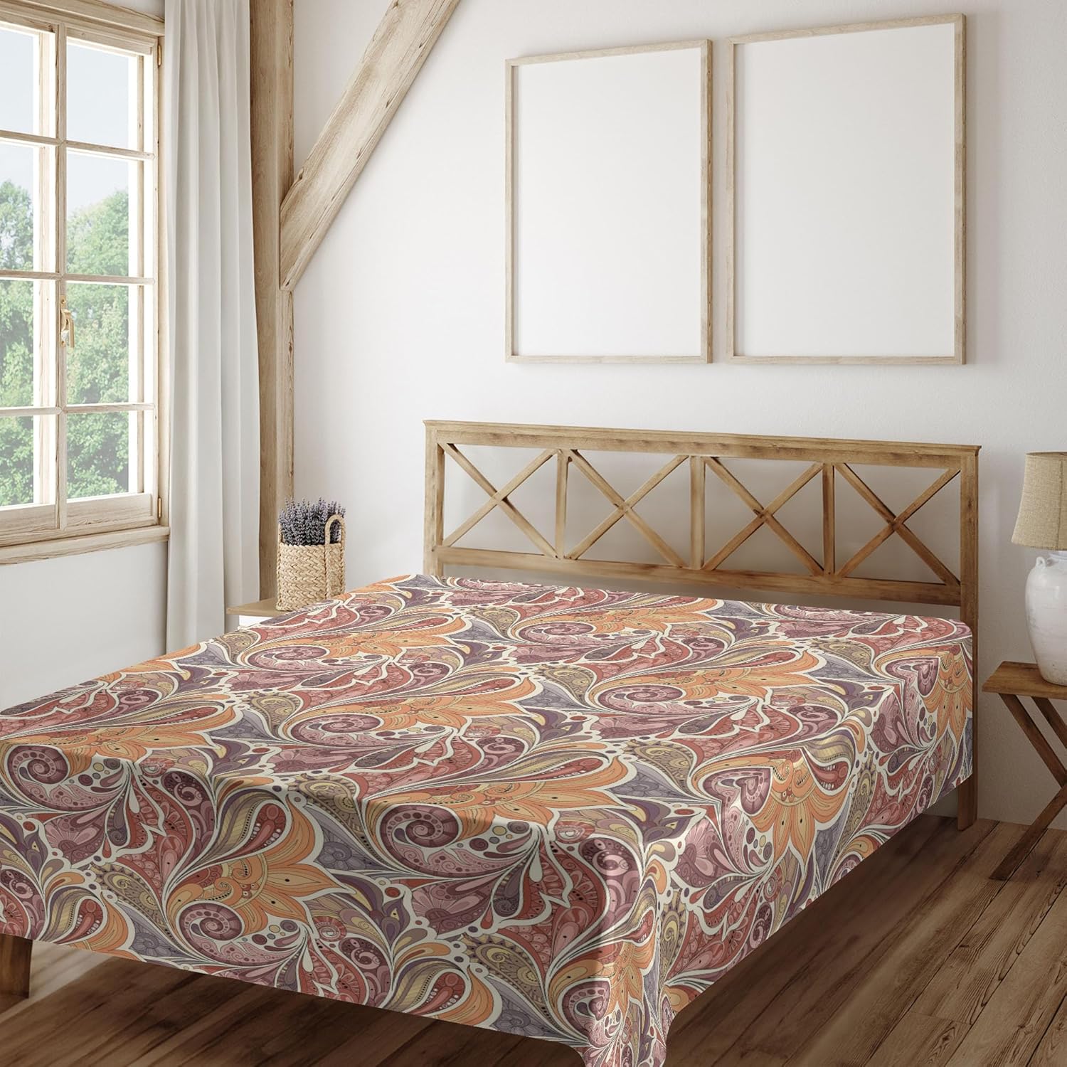 Ambesonne Floral Flat Sheet, Traditional Paisley Leaf Pattern with Oriental Flowery Details Colorful Boho Design, Soft Comfortable Top Sheet Decorative Bedding 1 Piece, King Size, Multicolor