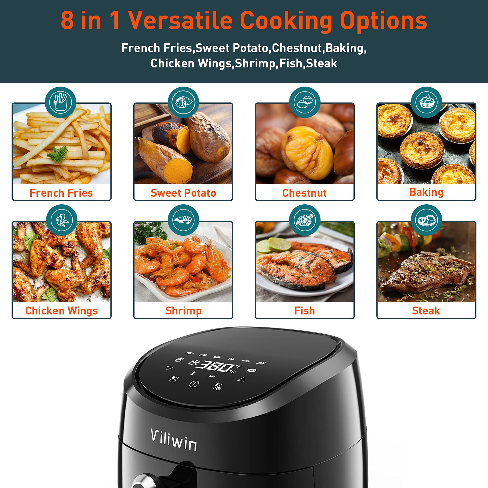 VILIWIN Air Fryer 4.5 QT Airfryer Digital Air Fryer 8 Preset Menus Hot