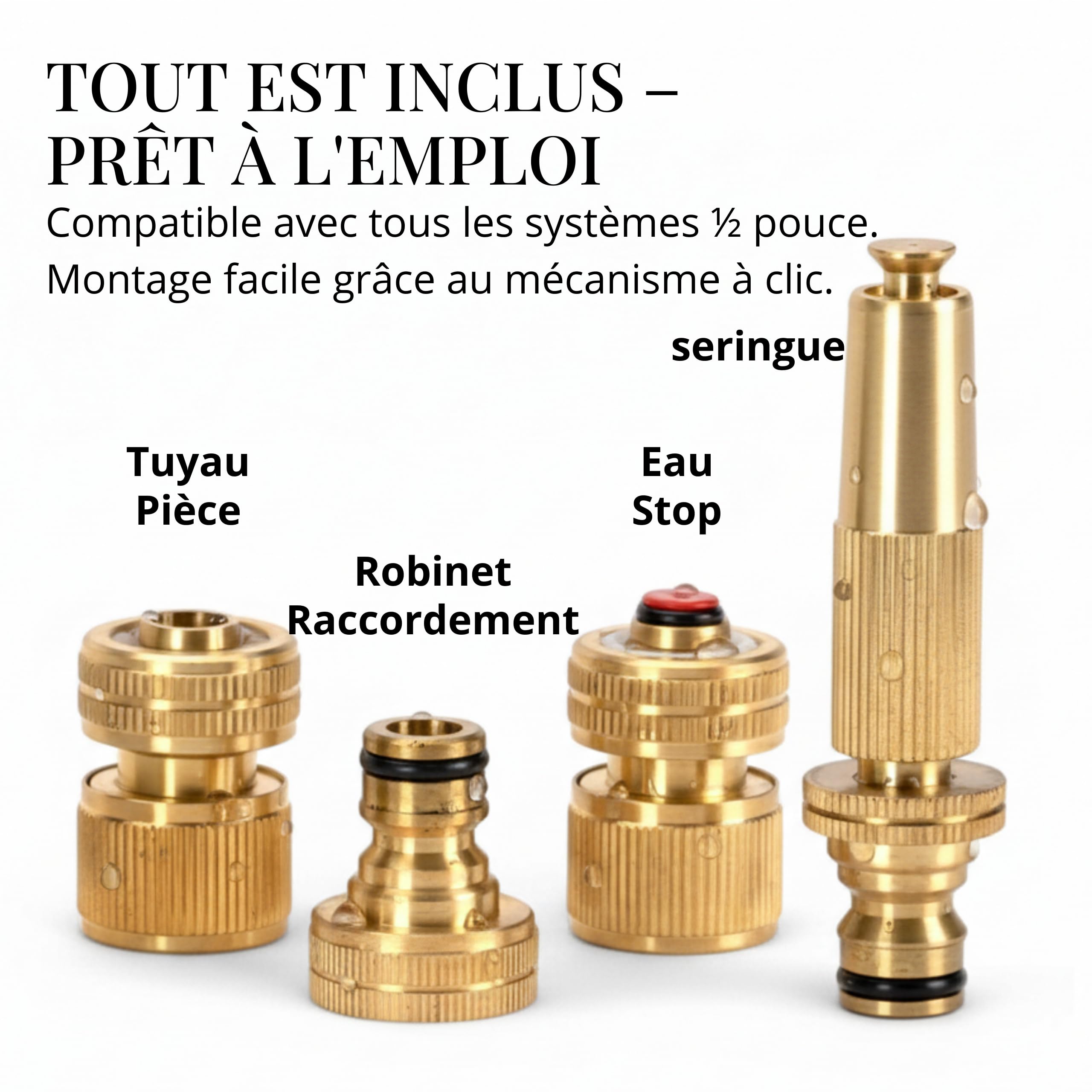 LIVLIG Lance de jardin Goldie en laiton 1/2" 13mm avec arrêt d'eau et raccord de robinet