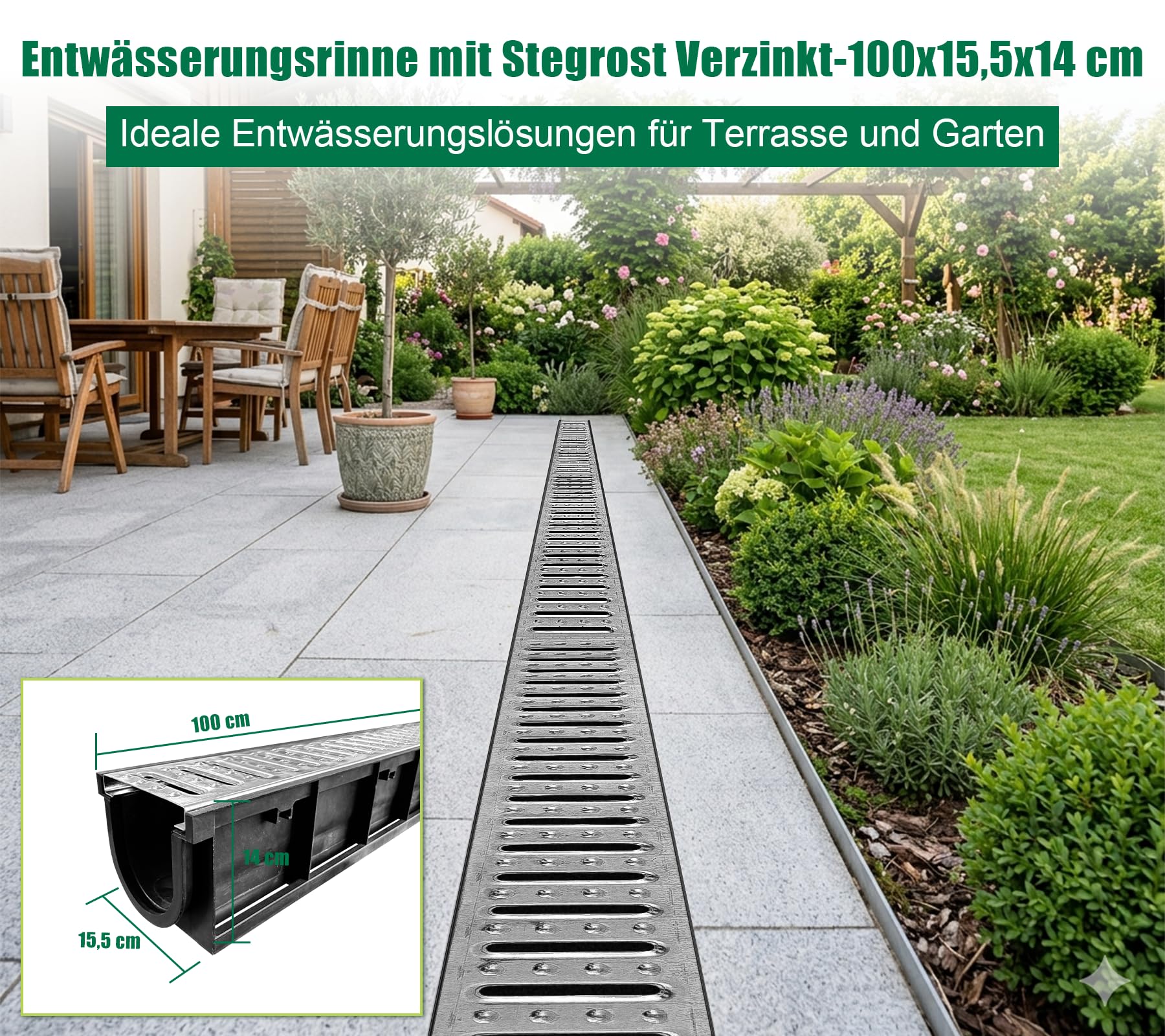 Caniveau extérieur PEHD 1000x155x140mm A15 Grille Acier galvanisé 1m pour allée Jardin Garage