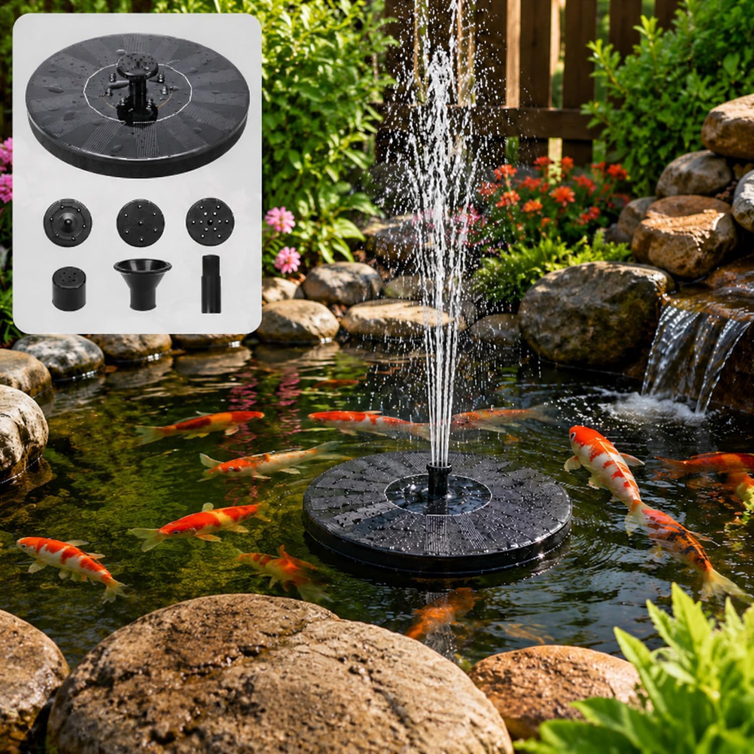 Pompa a fontana galleggiante a energia solare con 6 ugelli multipli - Non richiede elettricità, adatta per laghetti, vasche per uccelli e fontane da giardino, ideale per giochi d'acqua all'aperto