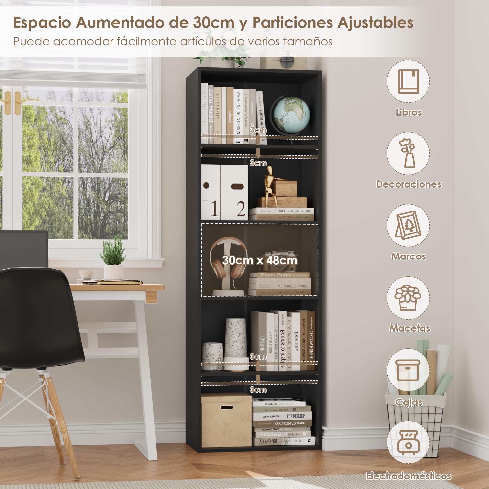 FirFurd Estantería Libros Sinfonier Alto Librería Madera, 5 Compartimentos | Librería Estantería, Biblioteca, Estanterias Almacenaje, Estrecha y Alta, para Salón Oficina Dormitorio Negro 48X30X159Al.cm
