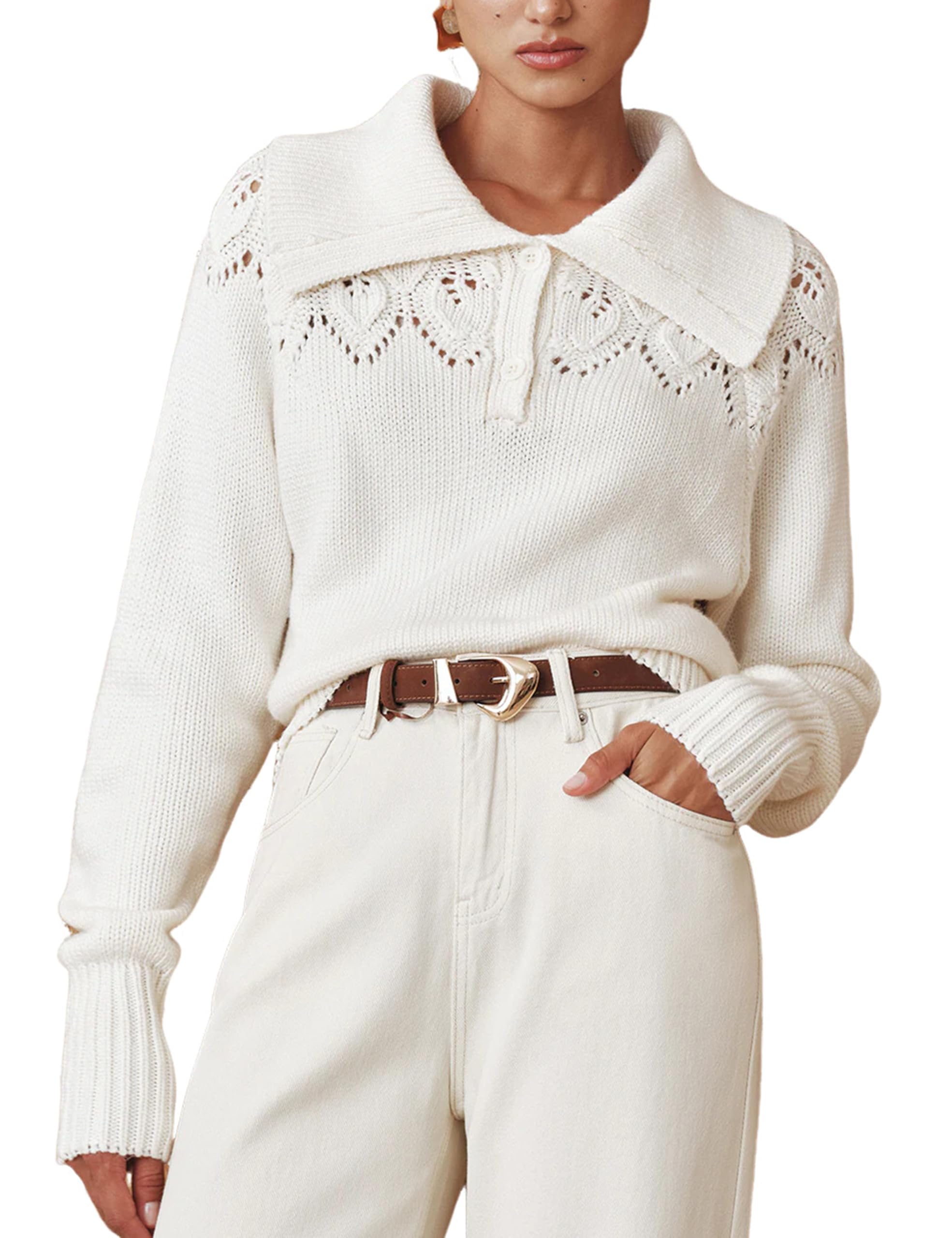 Yeokou Womens Sweaters Eyelet Collar Casual Long Sleeve Lightweight Knit Crochet Pullover Tops